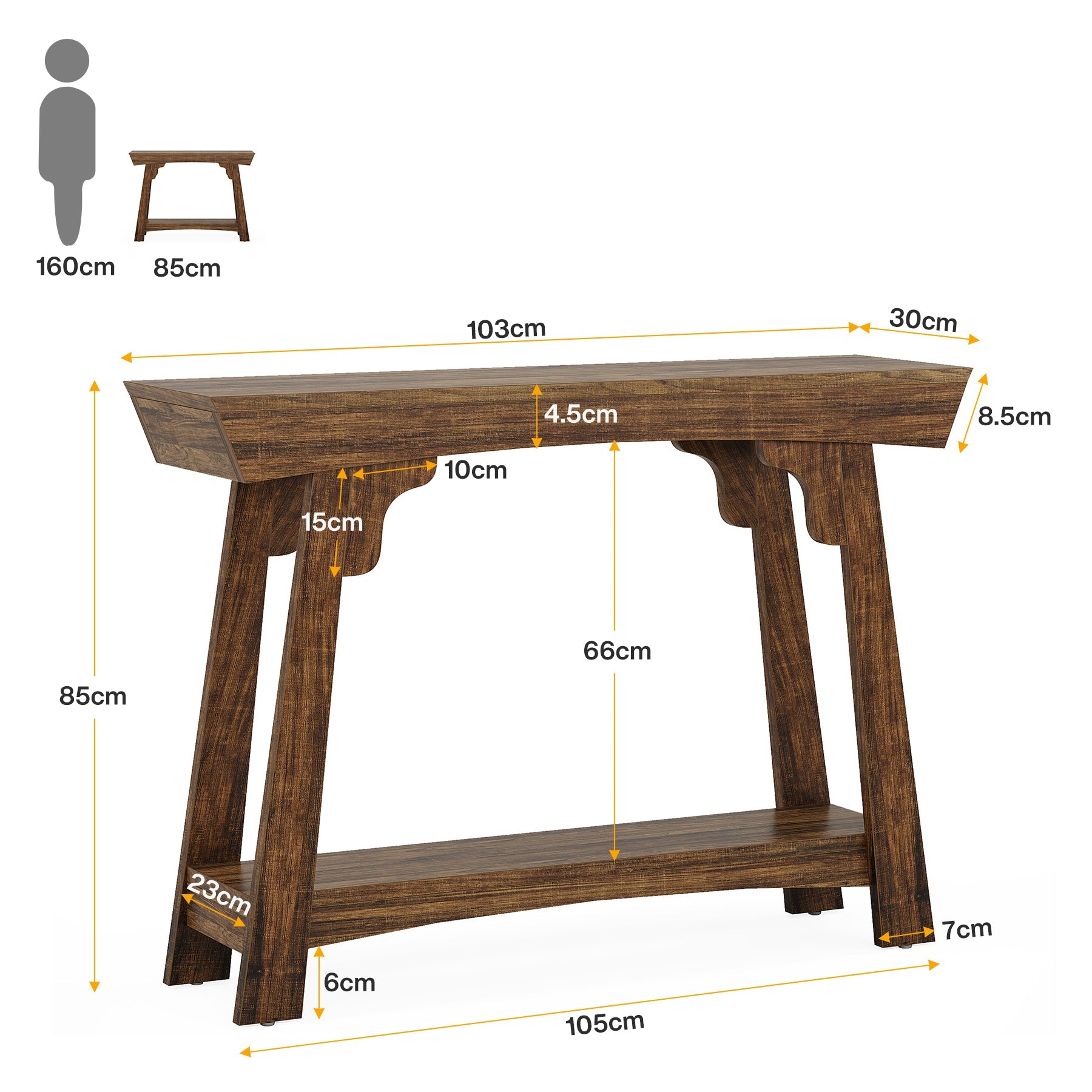 Stolik konsolowy 105 cm w stylu farmhouse z półką – 2-poziomowy, do przedpokoju i salonu