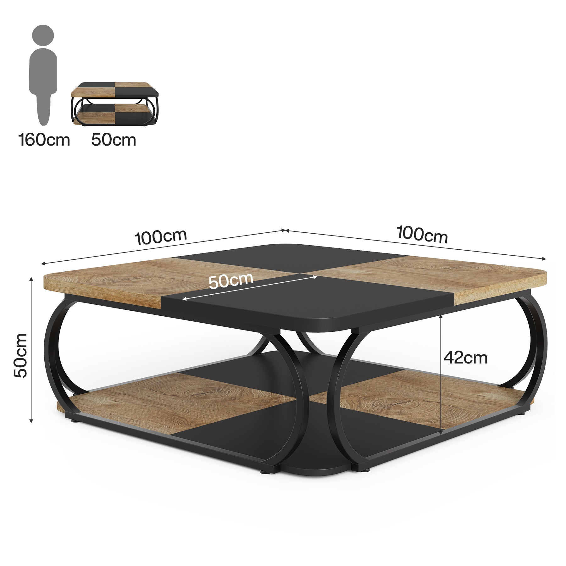 Kwadratowy stolik kawowy 100 x 100 x 50 cm – 2-poziomowy stolik centralny z półkami do salonu