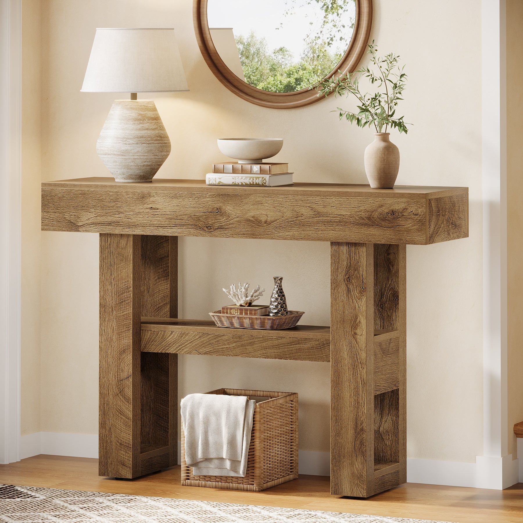 Stolik konsolowy 105 cm w stylu farmhouse – 2-poziomowy stolik za sofę do przedpokoju i salonu