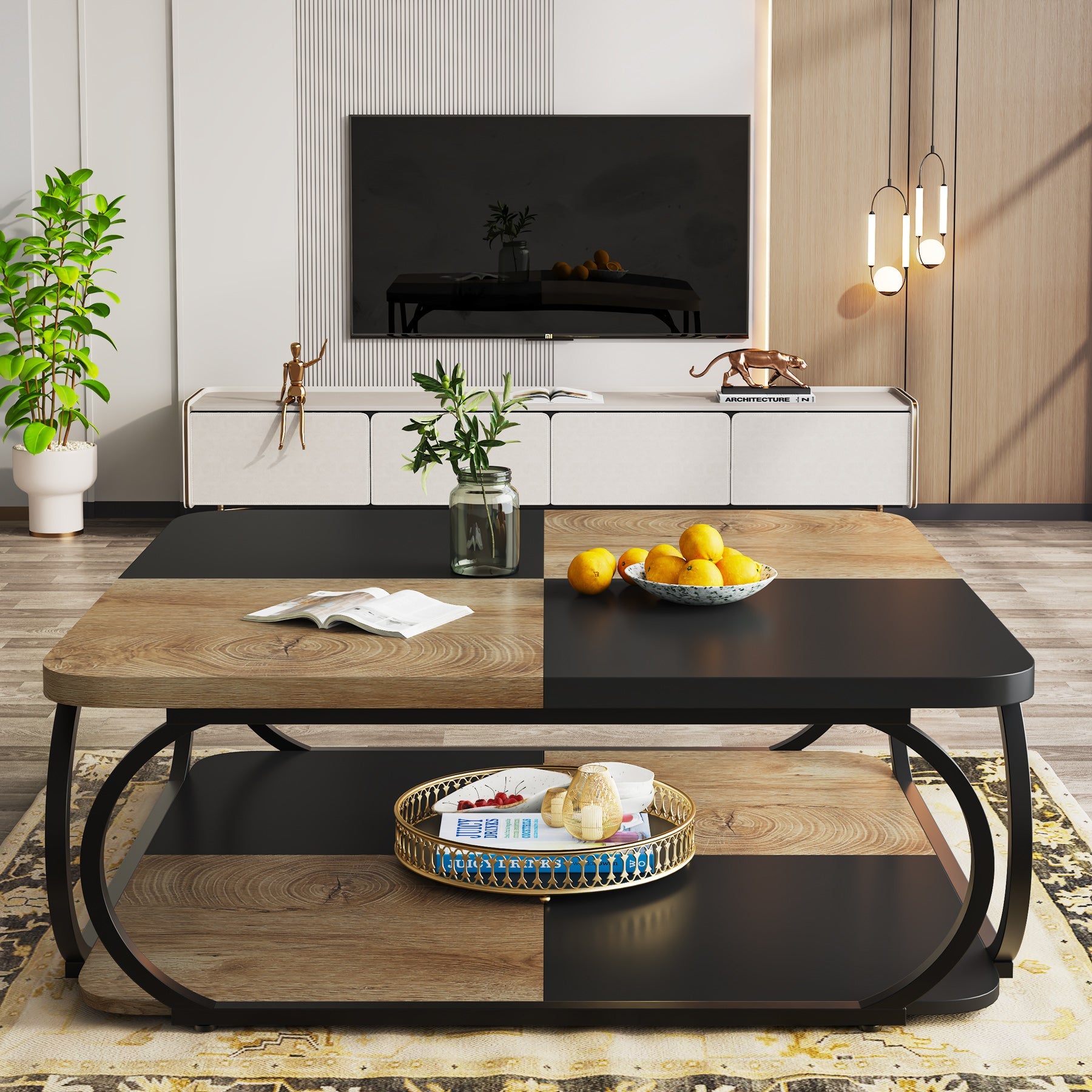 Kwadratowy stolik kawowy 100 x 100 x 50 cm – 2-poziomowy stolik centralny z półkami do salonu