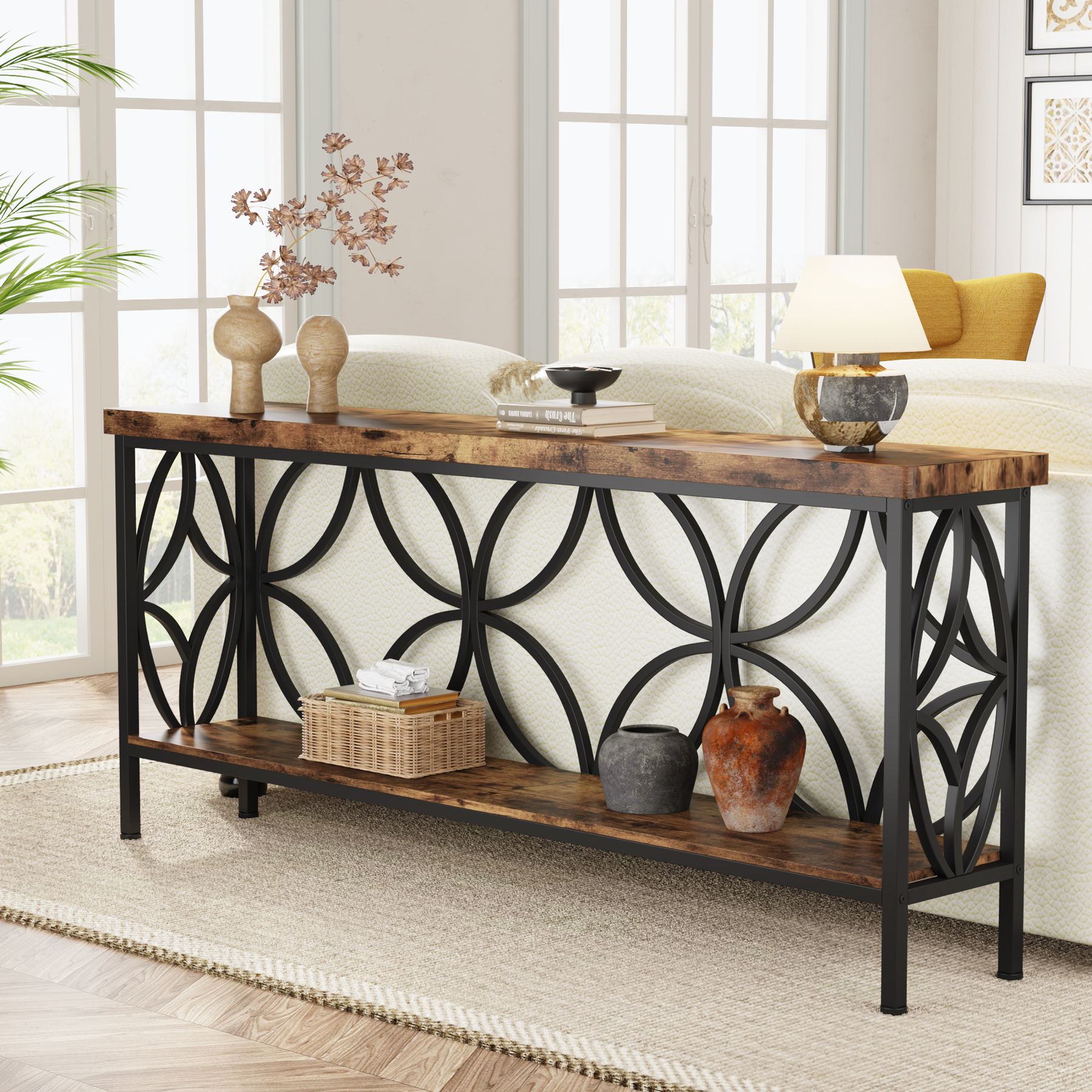 Industrialny stolik konsolowy 160 cm – wąski stolik do przedpokoju i salonu z półką do przechowywania