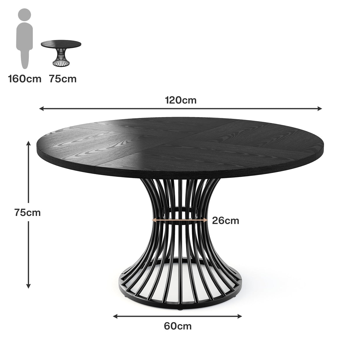 Okrągły stół jadalny 119 cm dla 4–6 osób – stół kuchenny w stylu farmhouse z metalową ramą