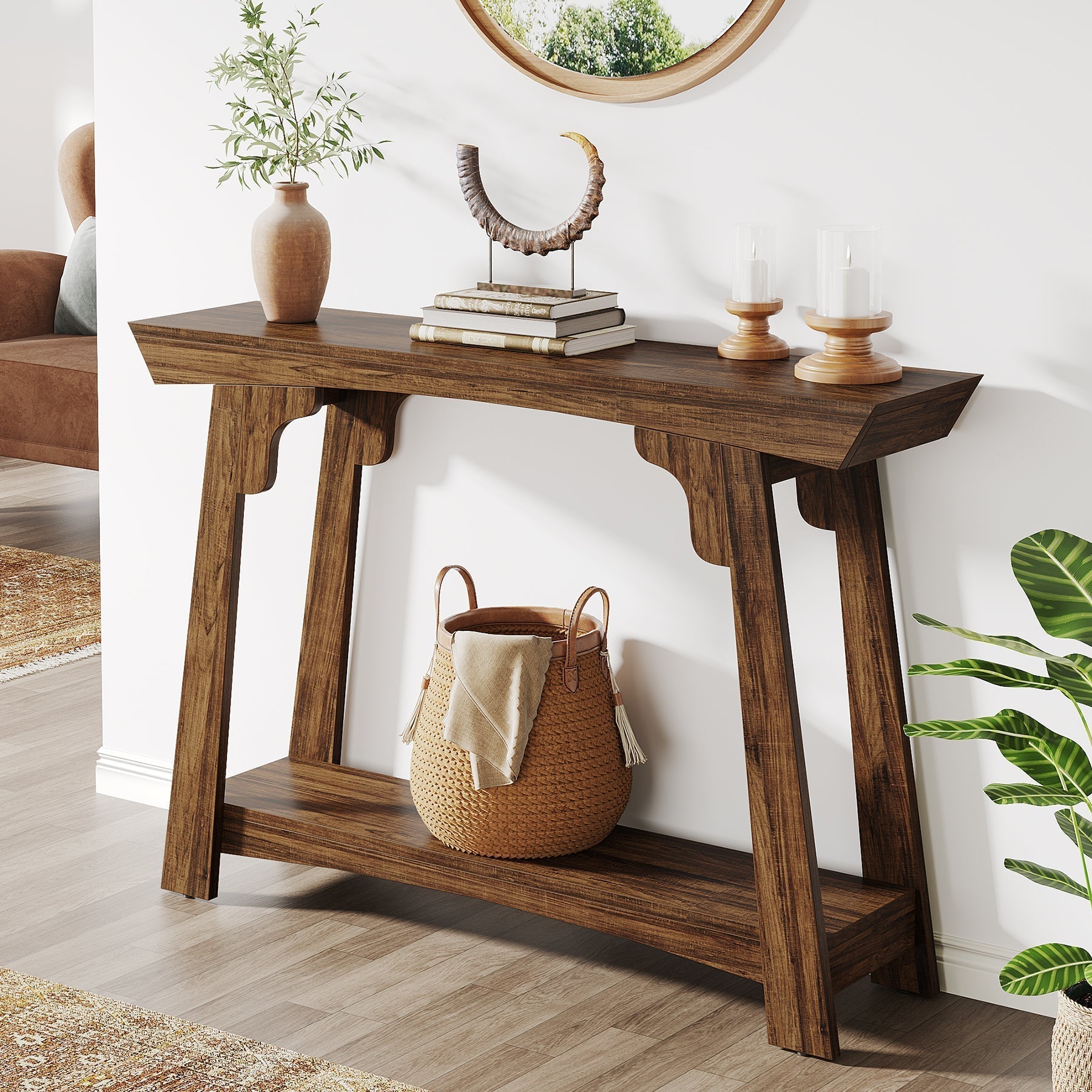 Stolik konsolowy 105 cm w stylu farmhouse z półką – 2-poziomowy, do przedpokoju i salonu