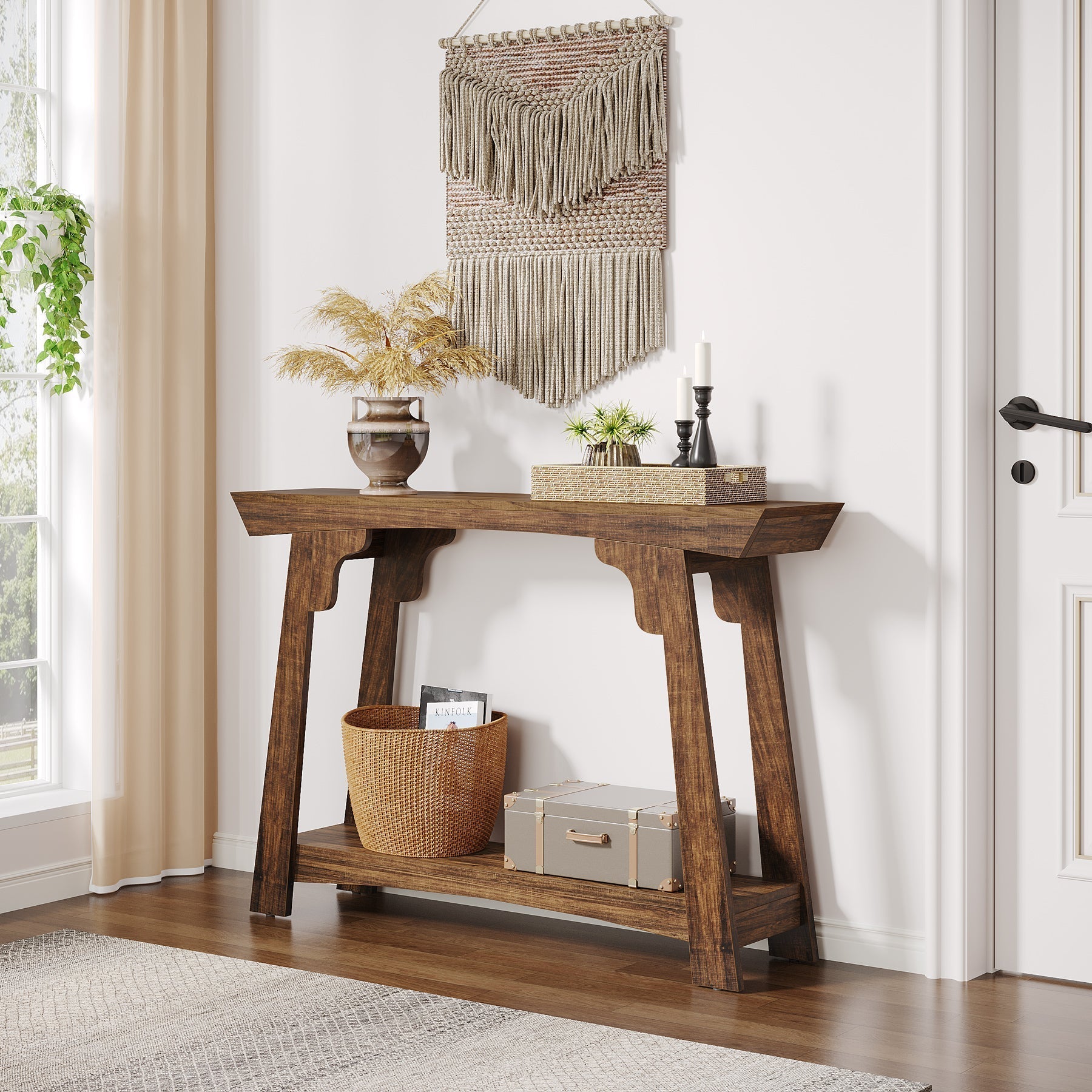Stolik konsolowy 105 cm w stylu farmhouse z półką – 2-poziomowy, do przedpokoju i salonu