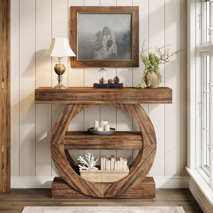 Stolik konsolowy 105 cm w stylu farmhouse z półkami – 3-poziomowy, do przedpokoju i salonu