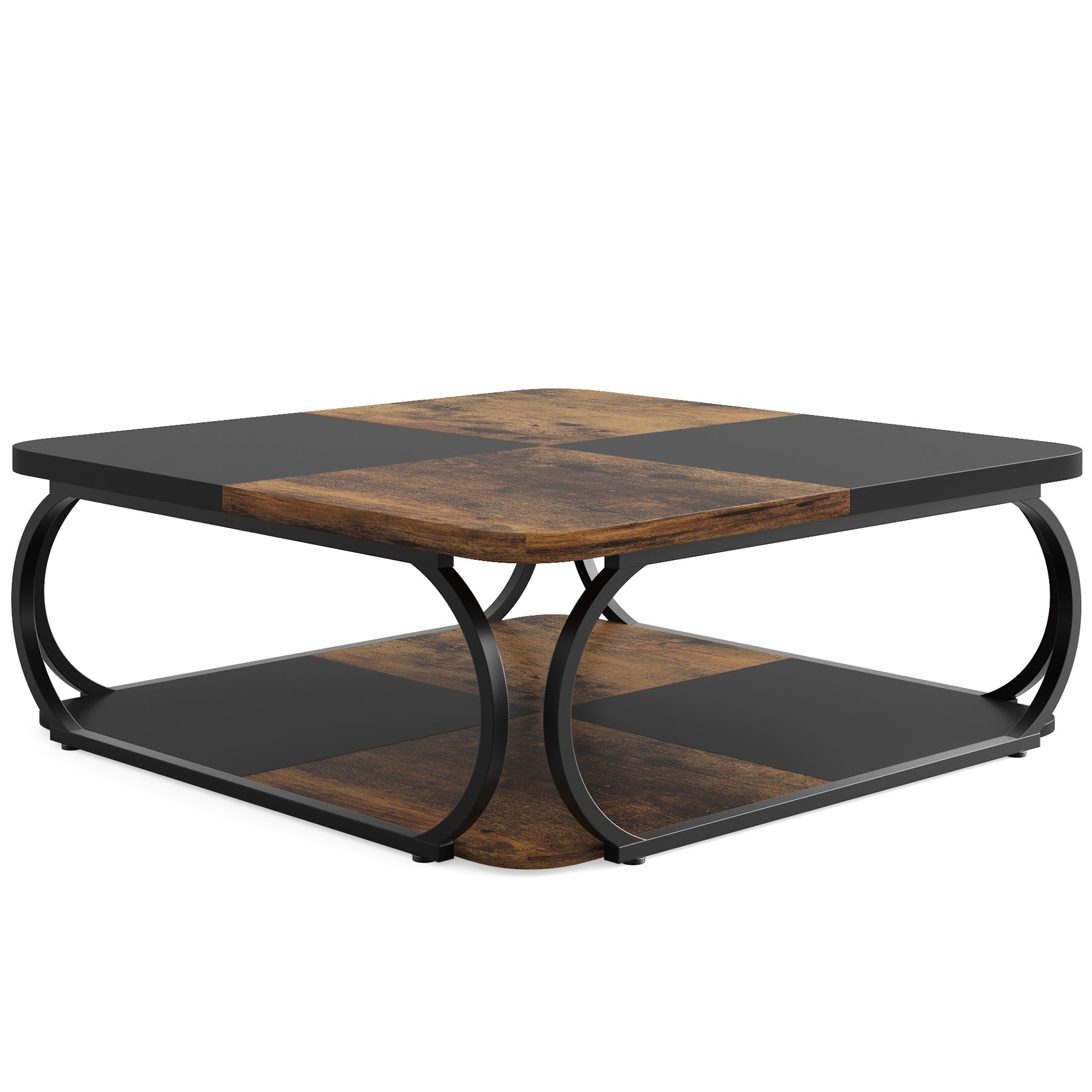 Kwadratowy stolik kawowy 100 x 100 x 50 cm – 2-poziomowy stolik centralny z półkami do salonu