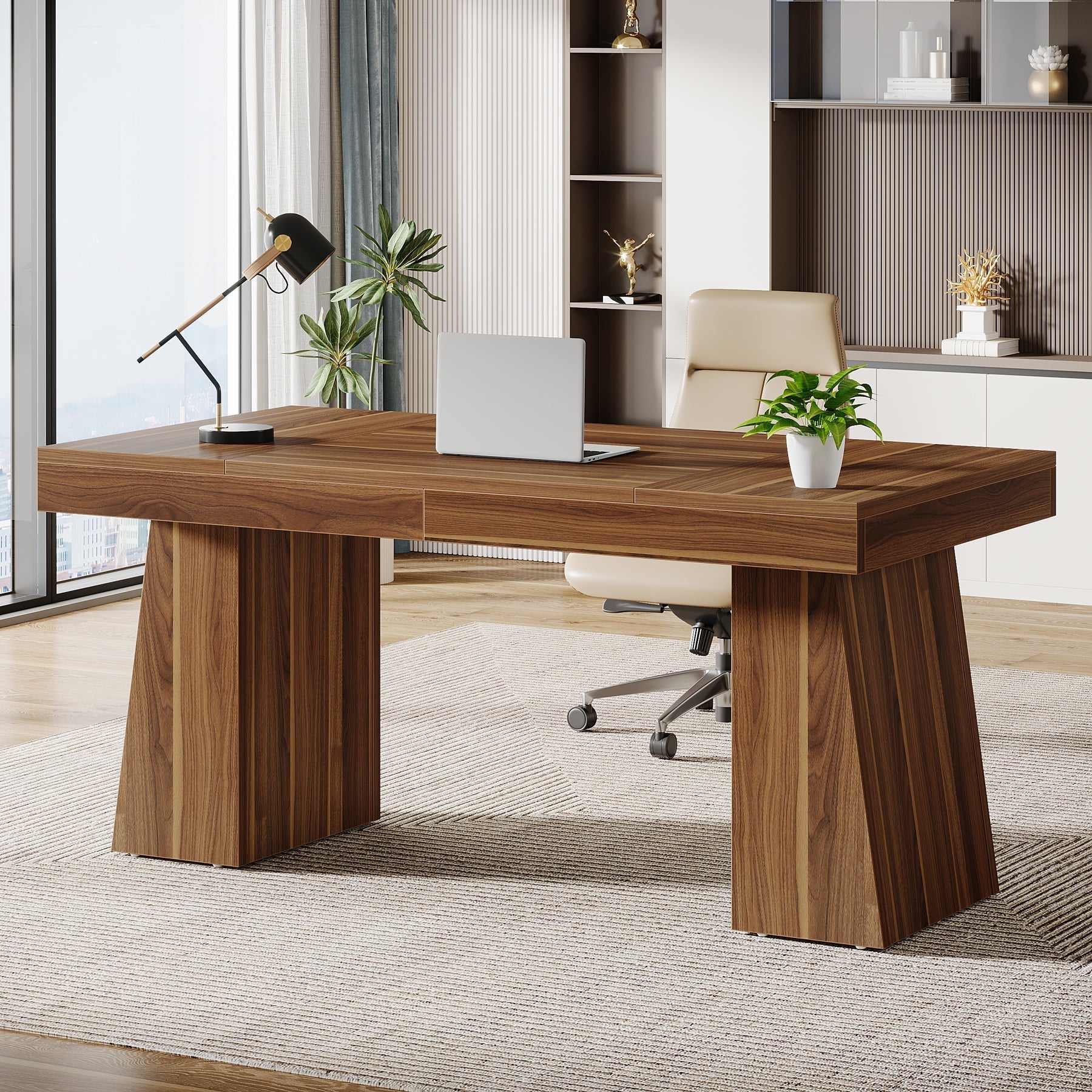 Biurko menedżerskie 140 cm – biurko komputerowe w stylu mid-century z podwójną trapezową podstawą