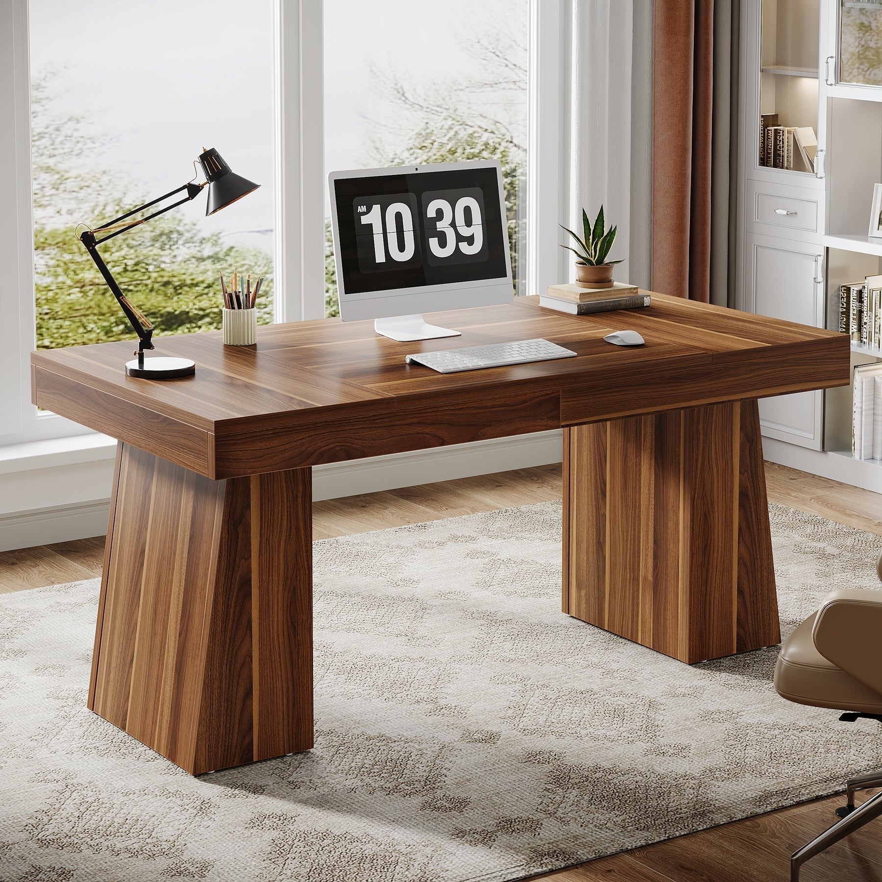 Biurko menedżerskie 140 cm – biurko komputerowe w stylu mid-century z podwójną trapezową podstawą