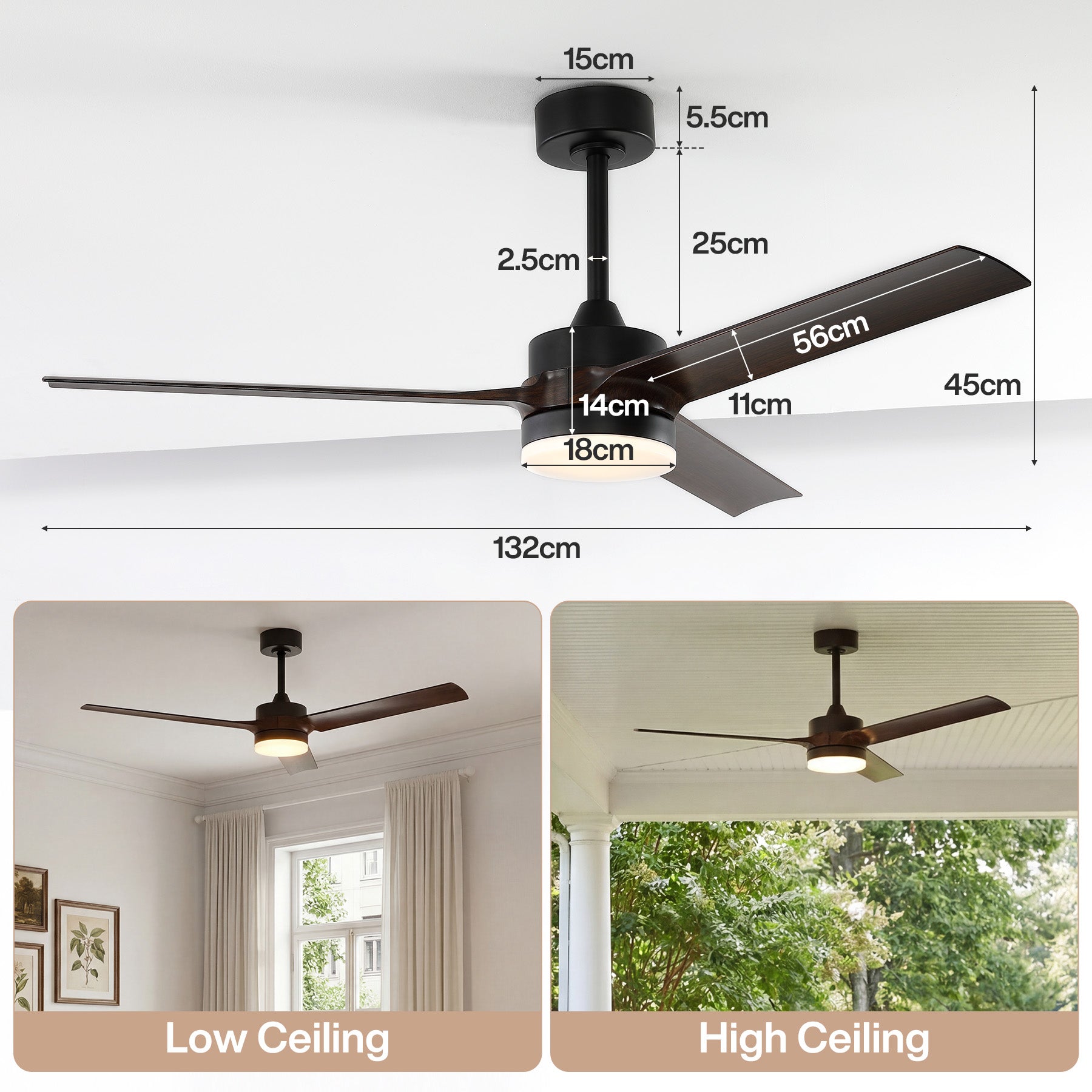Wentylator sufitowy z oświetleniem LED 132 cm – z pilotem, silnikiem prądu stałego z rewersem i 6 prędkościami