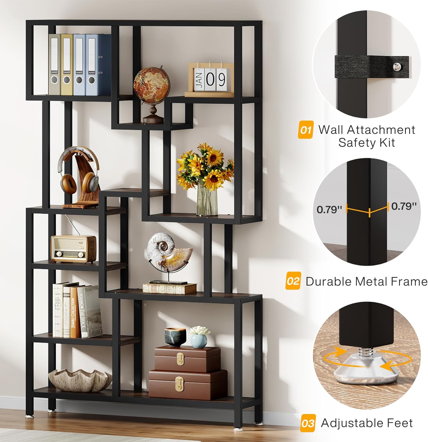 Regał 180 cm – 7-poziomowy industrialny regał z otwartymi półkami i metalową ramą do domowego biura