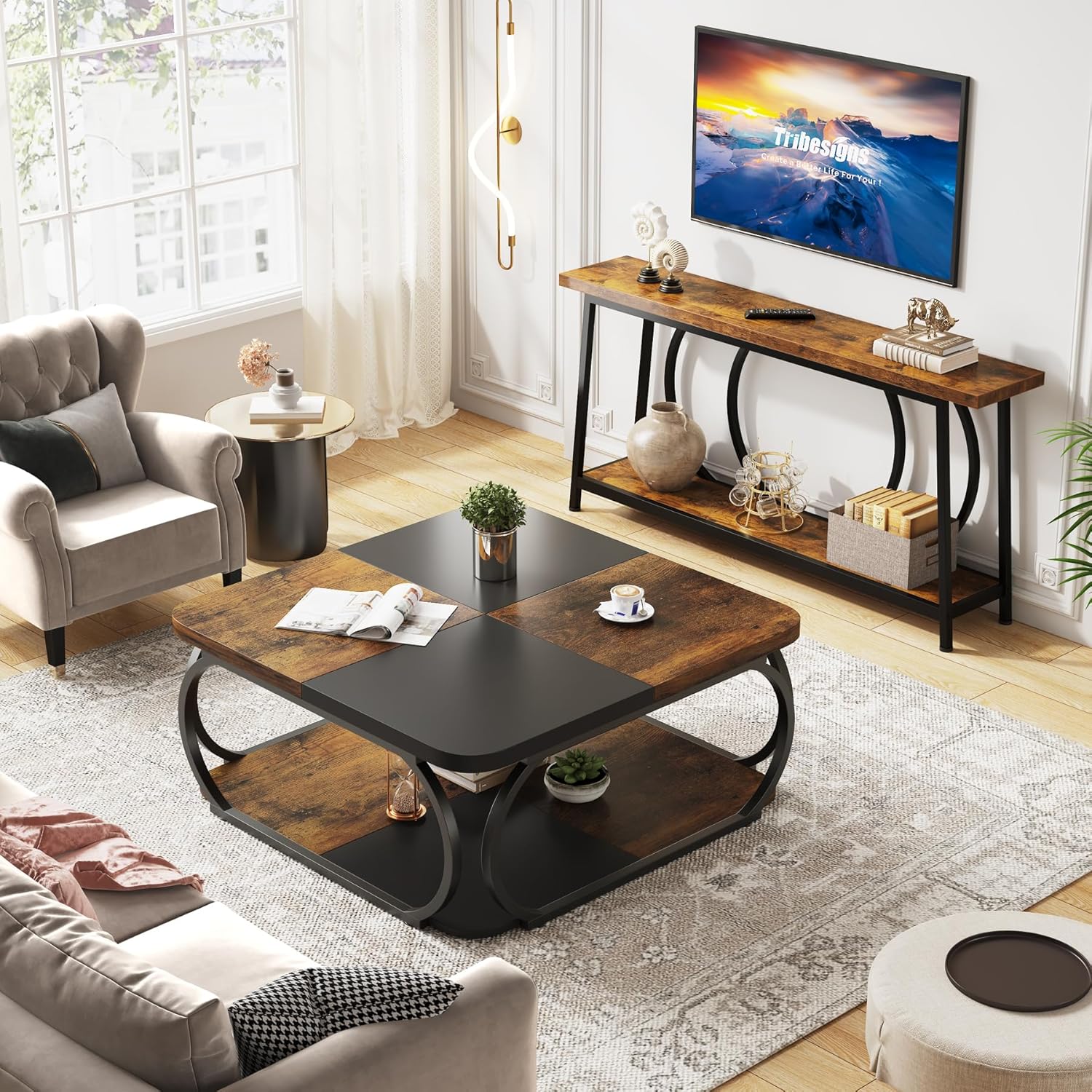 Kwadratowy stolik kawowy 100 x 100 x 50 cm – 2-poziomowy stolik centralny z półkami do salonu