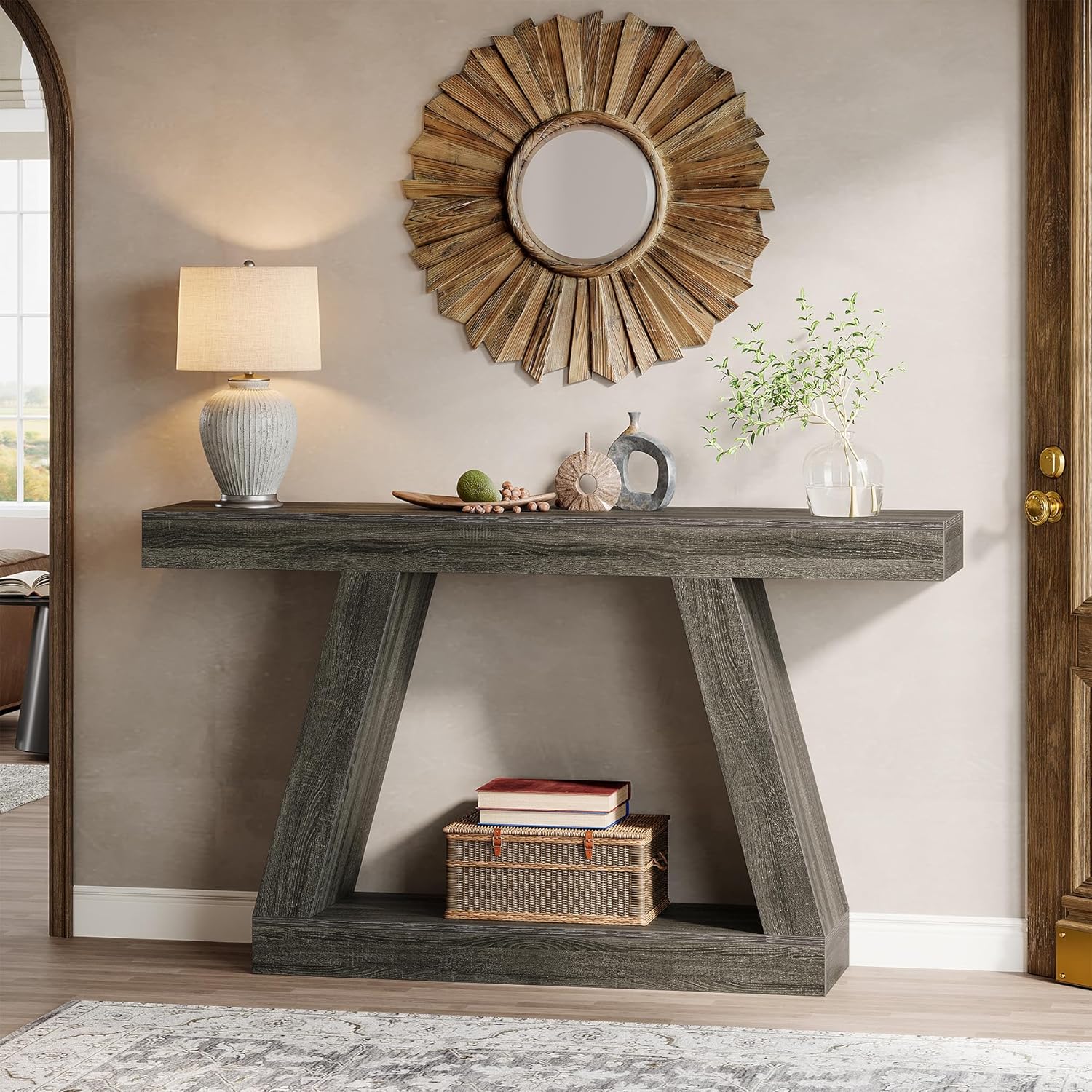 Stolik konsolowy 140 cm w stylu farmhouse – stolik za sofę z miejscem do przechowywania do przedpokoju i salonu