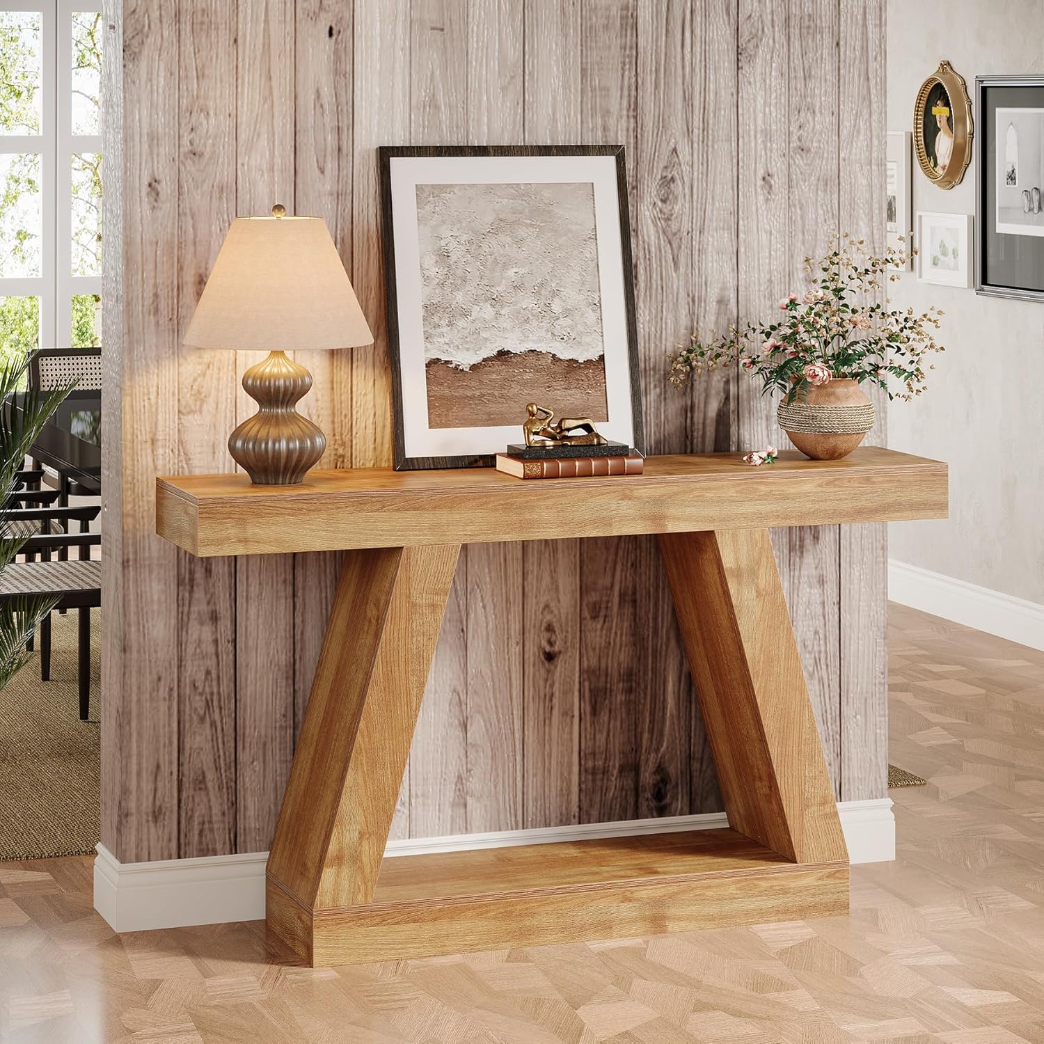Stolik konsolowy 140 cm w stylu farmhouse – stolik za sofę z miejscem do przechowywania do przedpokoju i salonu