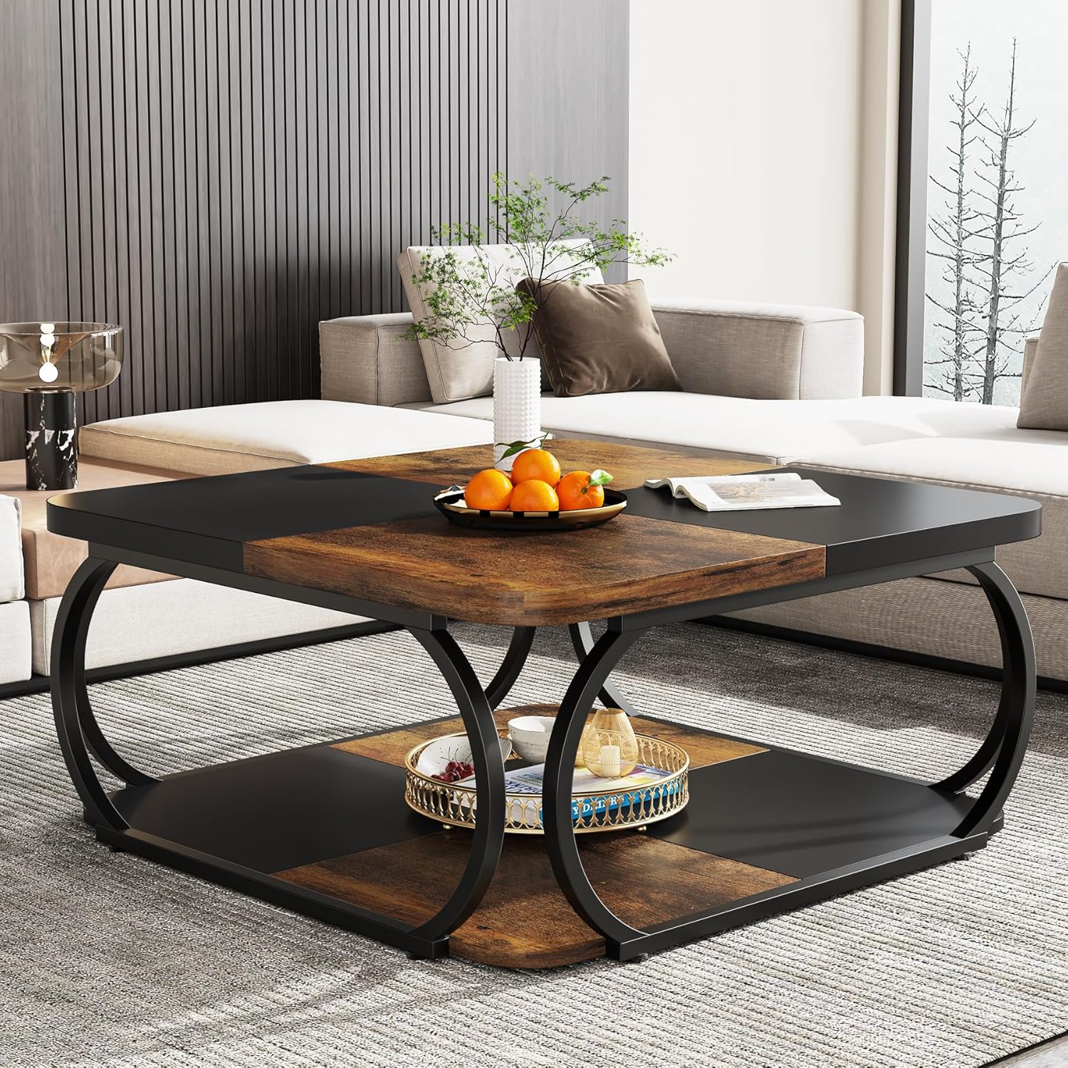 Kwadratowy stolik kawowy 100 x 100 x 50 cm – 2-poziomowy stolik centralny z półkami do salonu