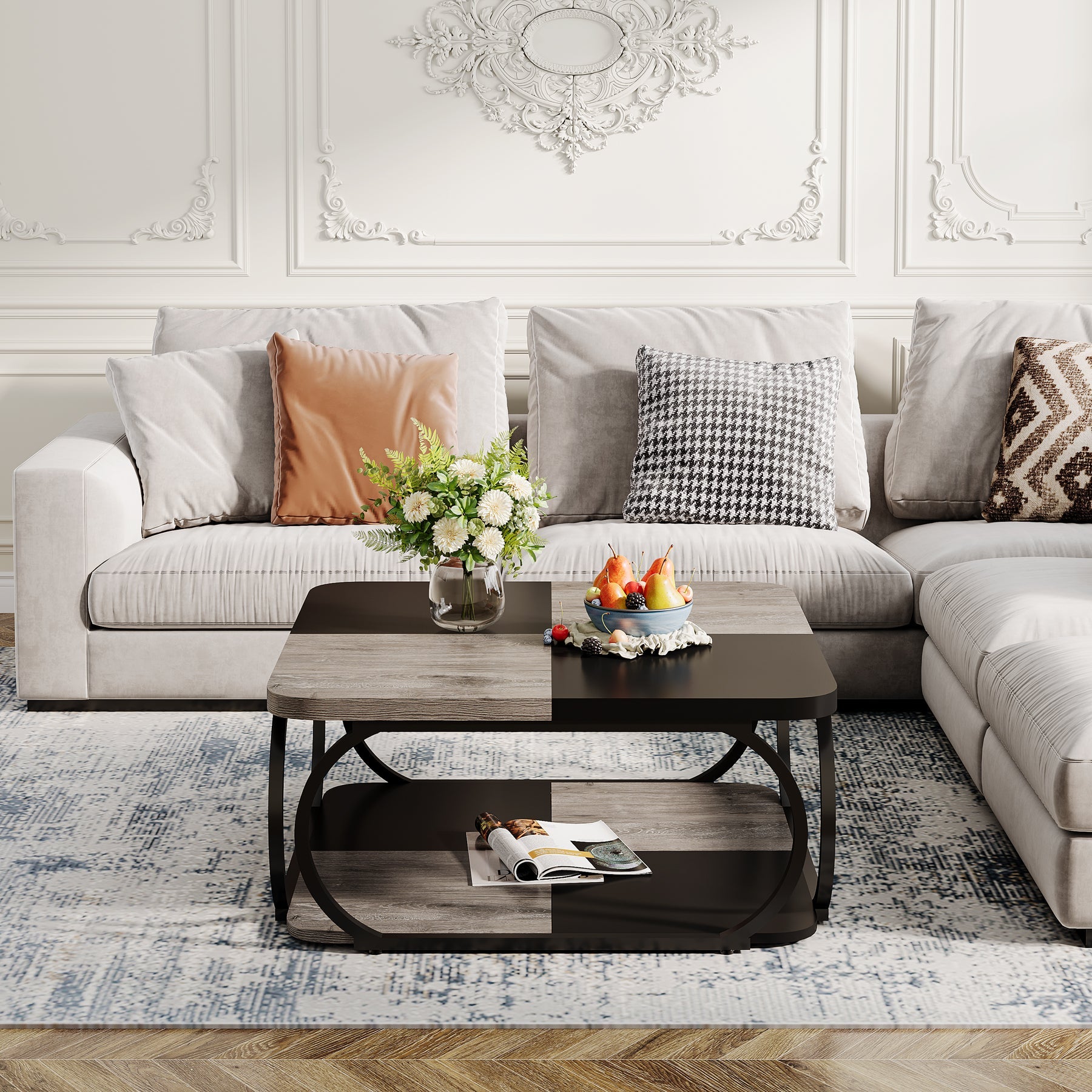 Kwadratowy stolik kawowy 100 x 100 x 50 cm – 2-poziomowy stolik centralny z półkami do salonu