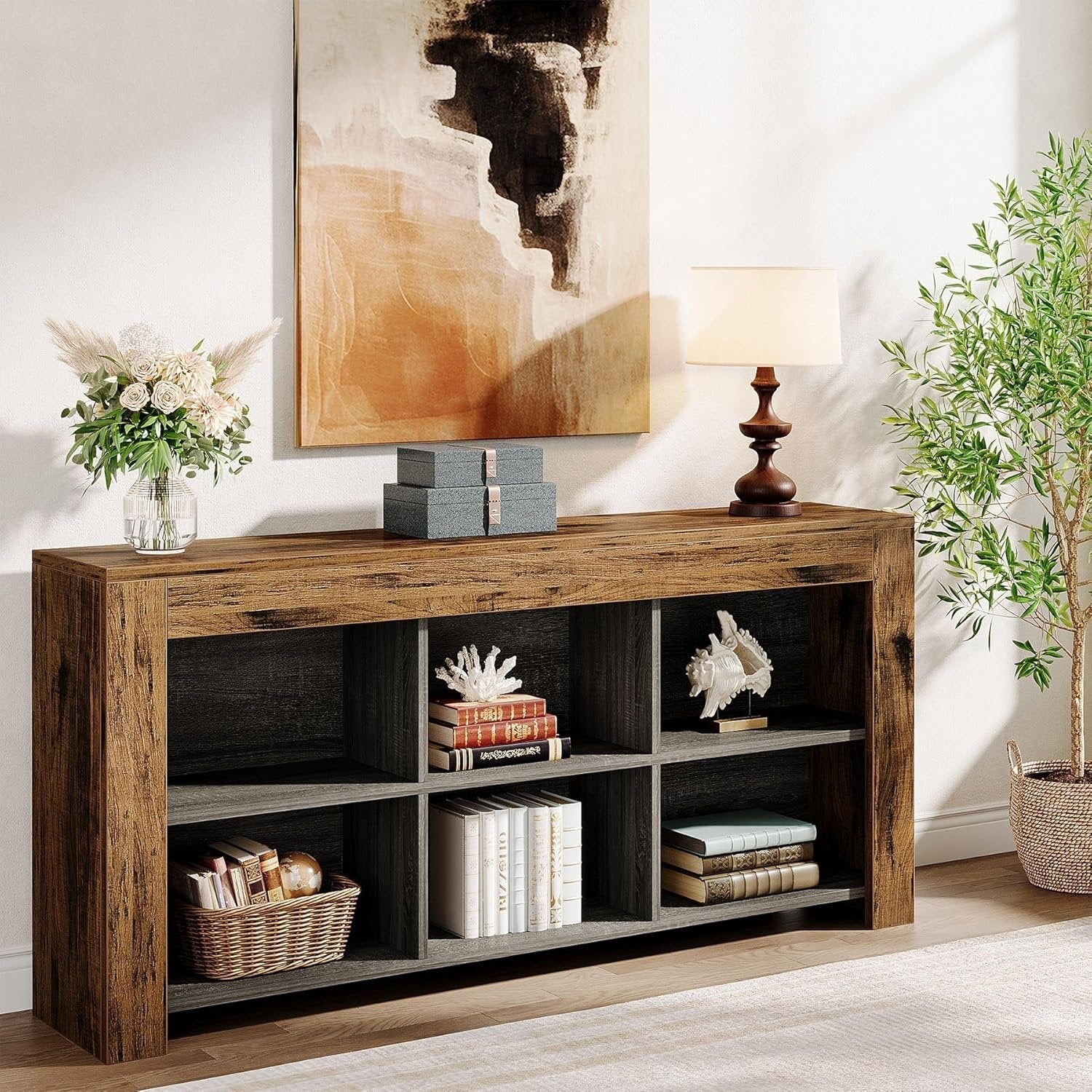 Stolik konsolowy 160 cm w stylu industrialnym z 6 przegródkami – do przedpokoju i salonu