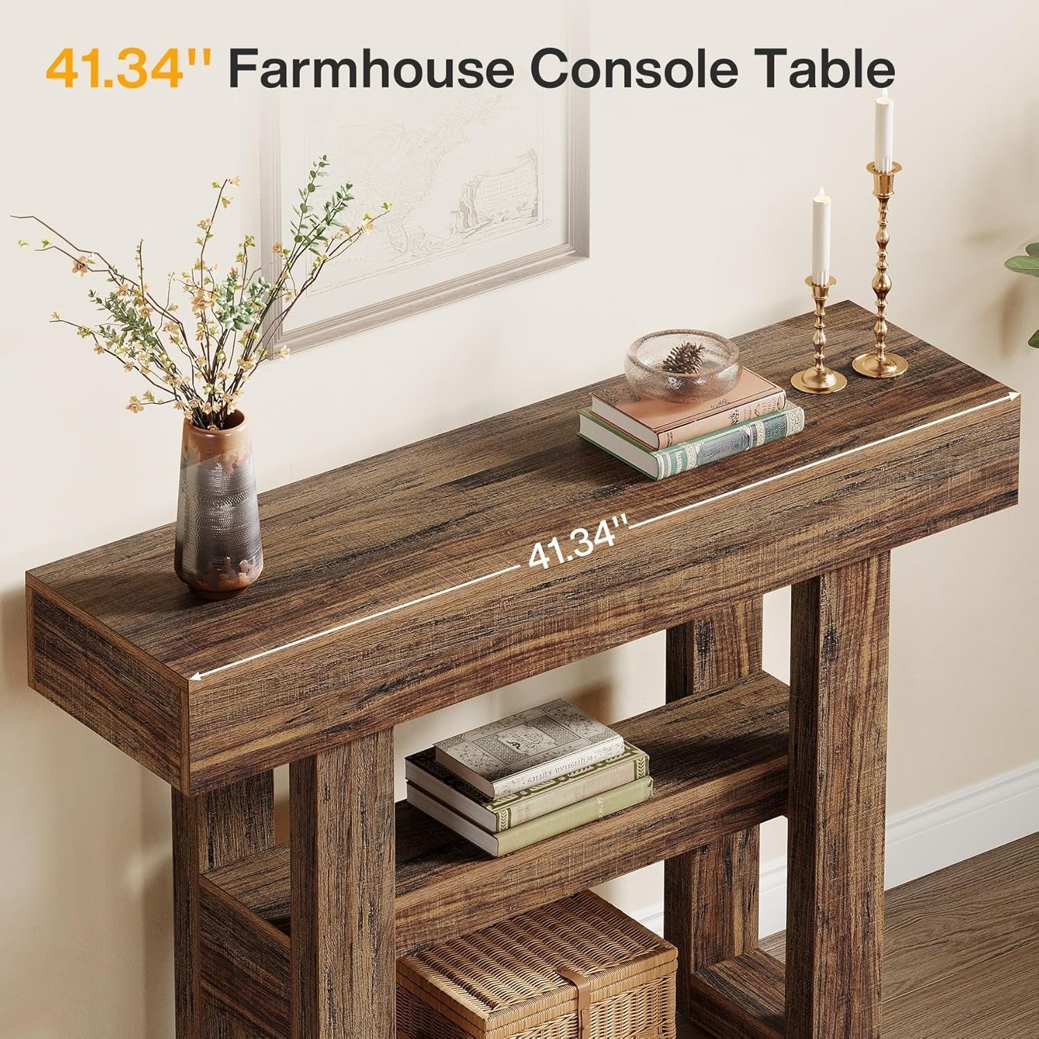 Stolik konsolowy 105 cm w stylu farmhouse – 2-poziomowy stolik za sofę do przedpokoju i salonu