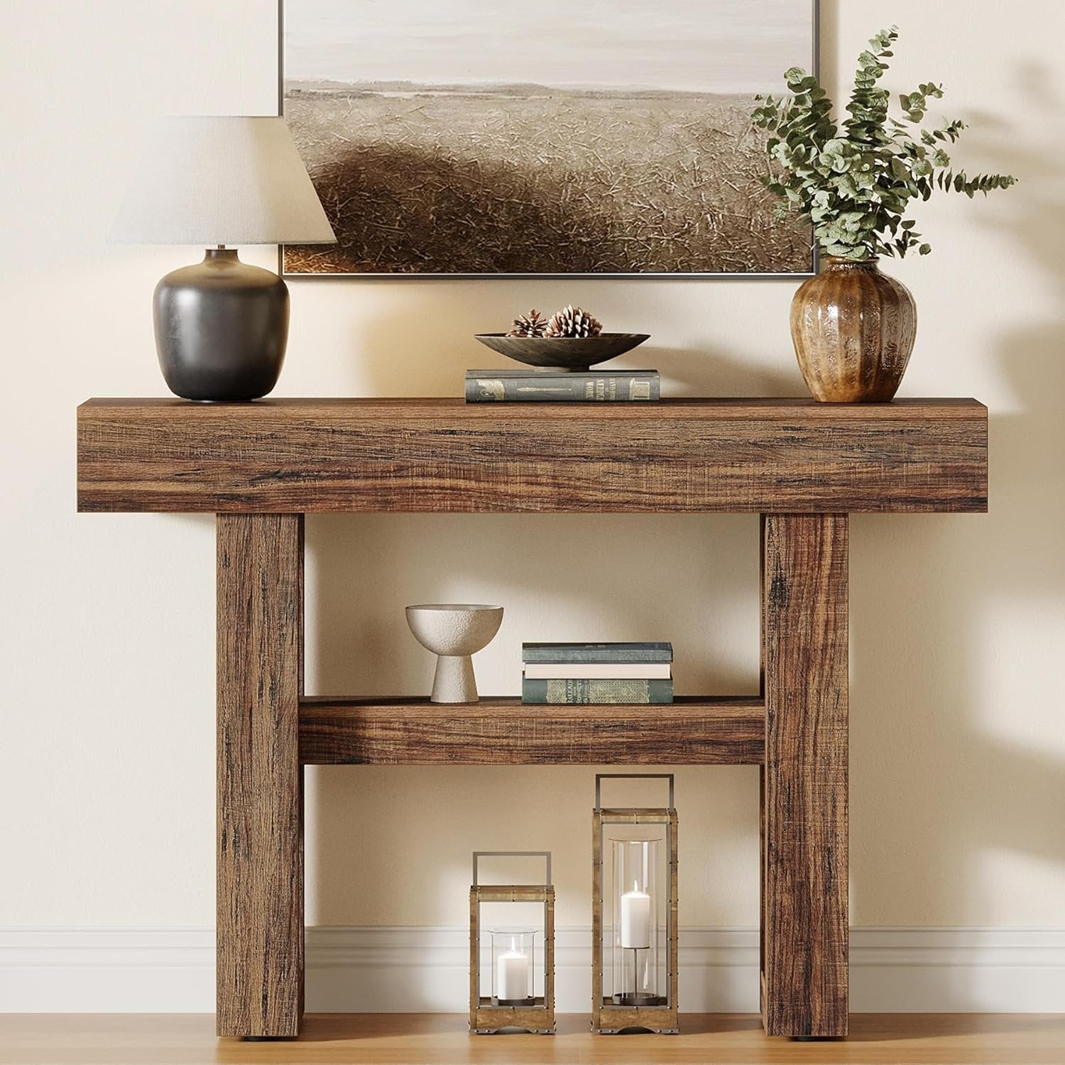 Stolik konsolowy 105 cm w stylu farmhouse – 2-poziomowy stolik za sofę do przedpokoju i salonu