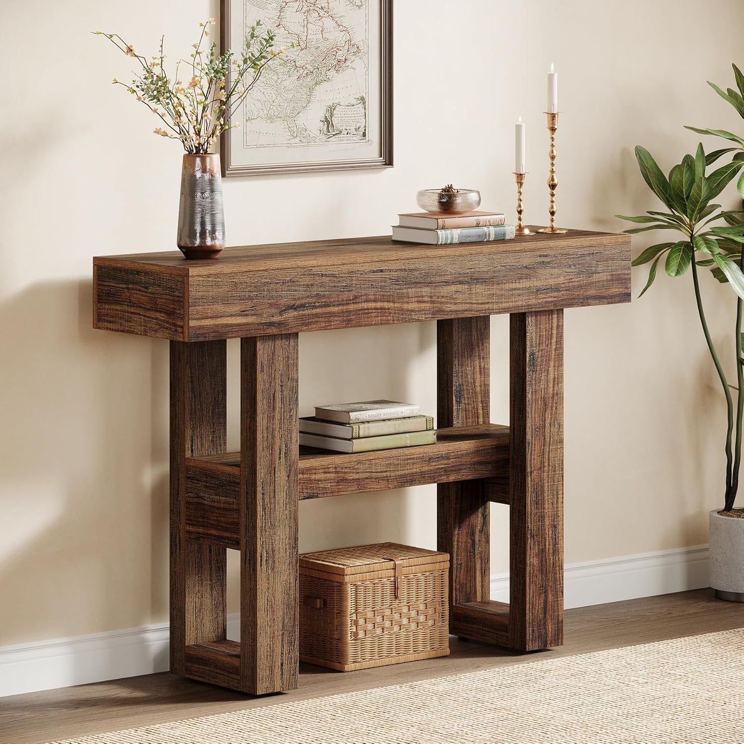 Stolik konsolowy 105 cm w stylu farmhouse – 2-poziomowy stolik za sofę do przedpokoju i salonu