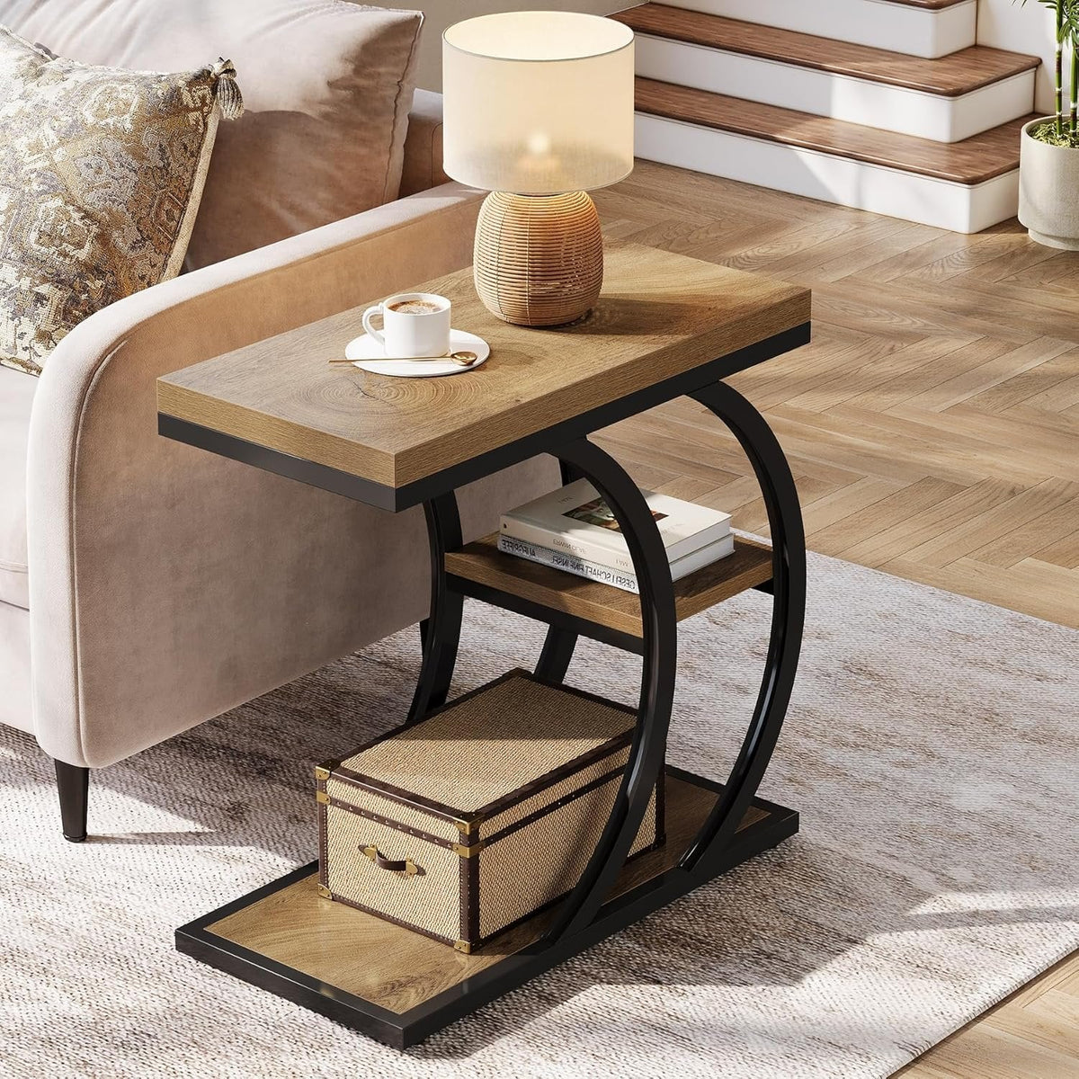 3-poziomowy stolik pomocniczy 60 cm – stolik boczny w kształcie litery C z półkami
