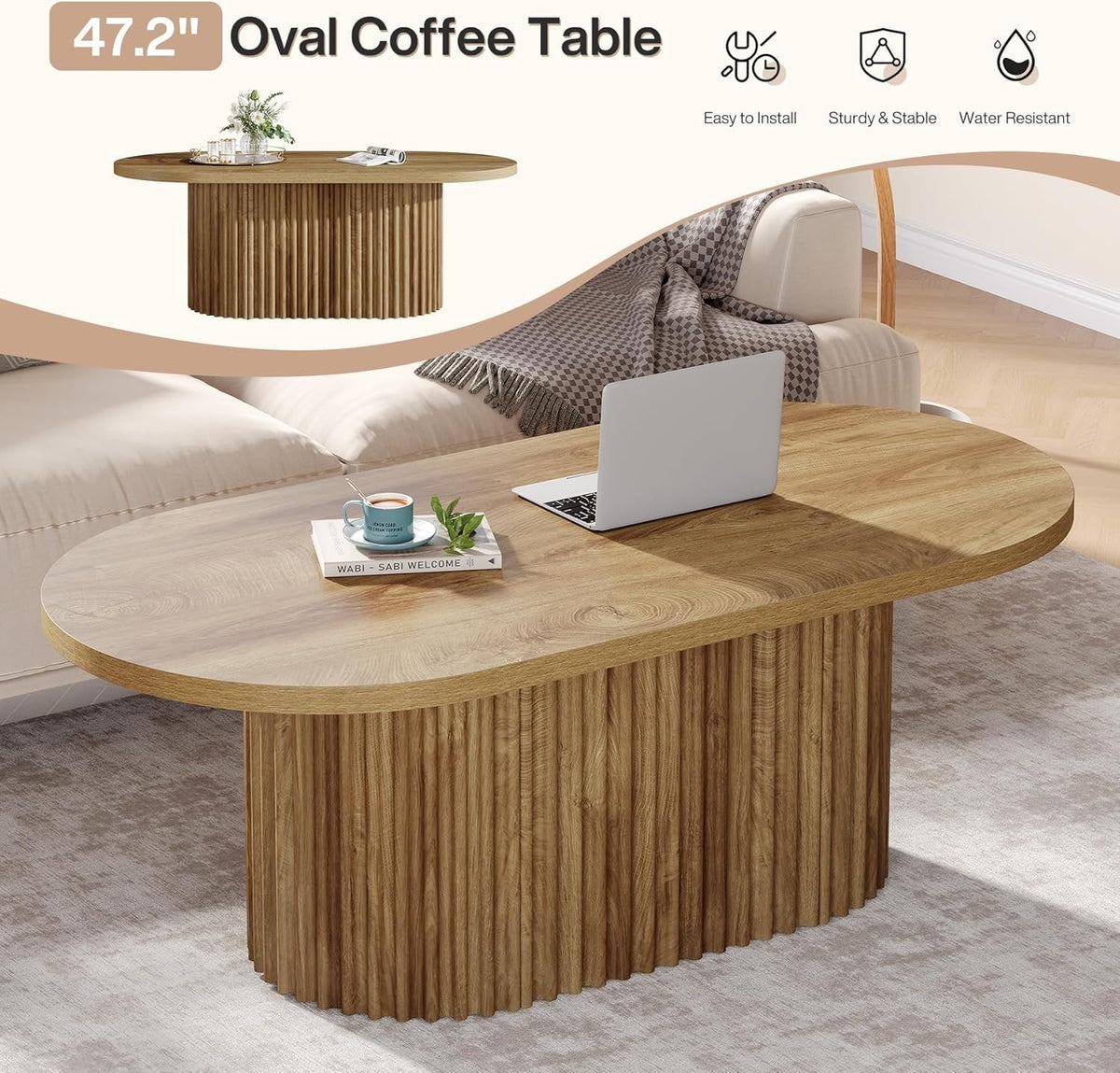 Owalny stolik kawowy 120 cm – stolik centralny w stylu farmhouse z żłobkowanym wzornictwem