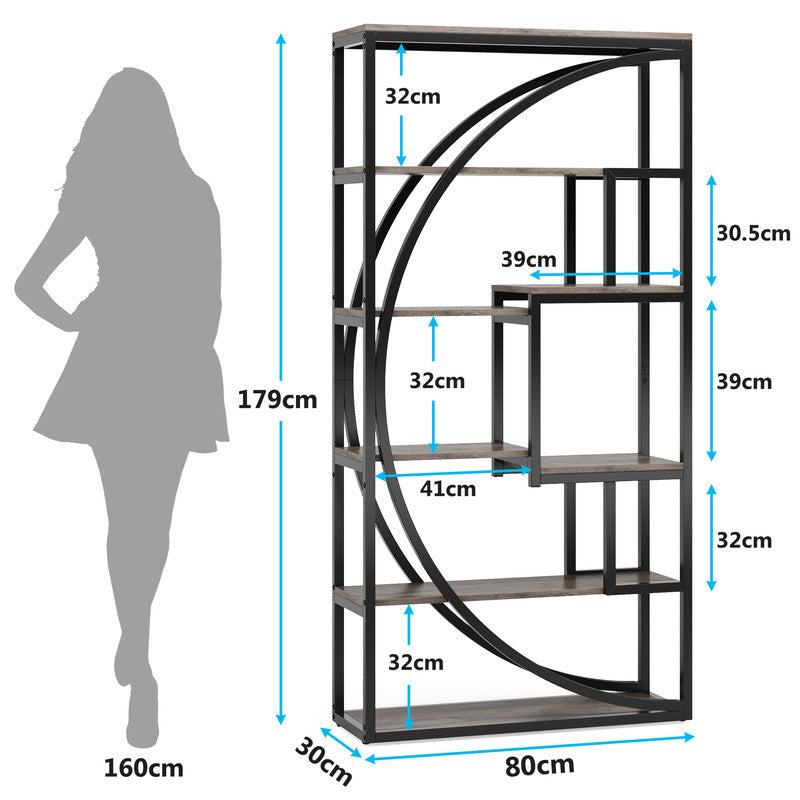 5-poziomowy regał na książki 180 cm – industrialny regał z 8 otwartymi półkami do domowego biura