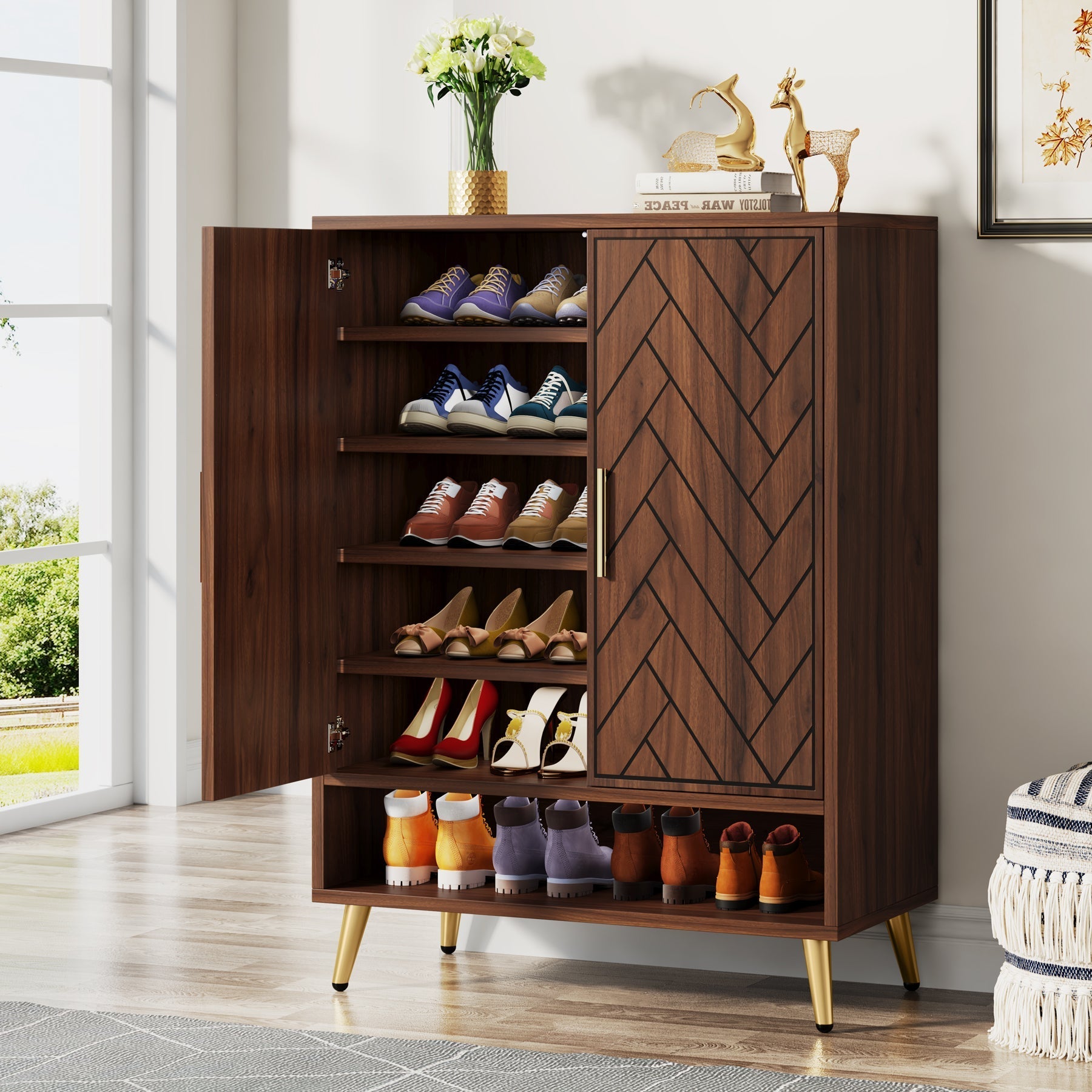 6-poziomowa szafka na buty z 2 drzwiami – 110 cm wysokości, organizer na buty z regulowanymi półkami