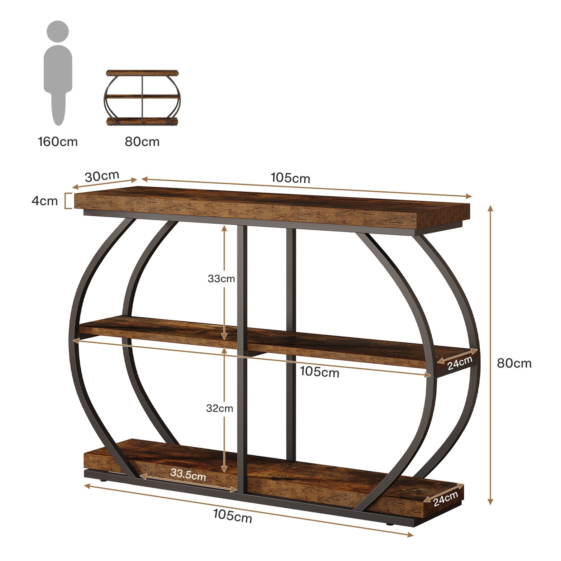 Stolik konsolowy 105 cm, 3-poziomowy stolik za sofę z półkami do przechowywania