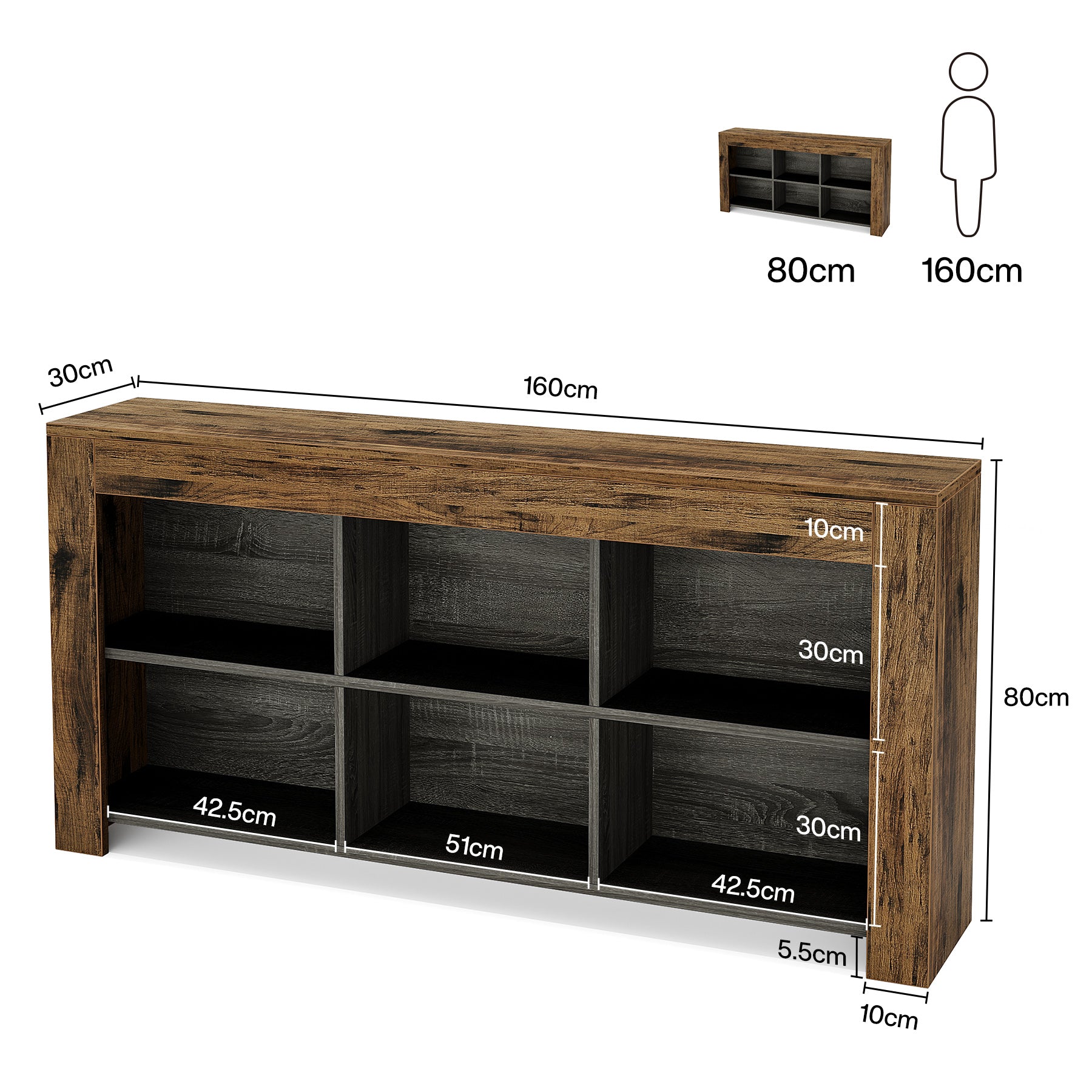 Stolik konsolowy 160 cm w stylu industrialnym z 6 przegródkami – do przedpokoju i salonu