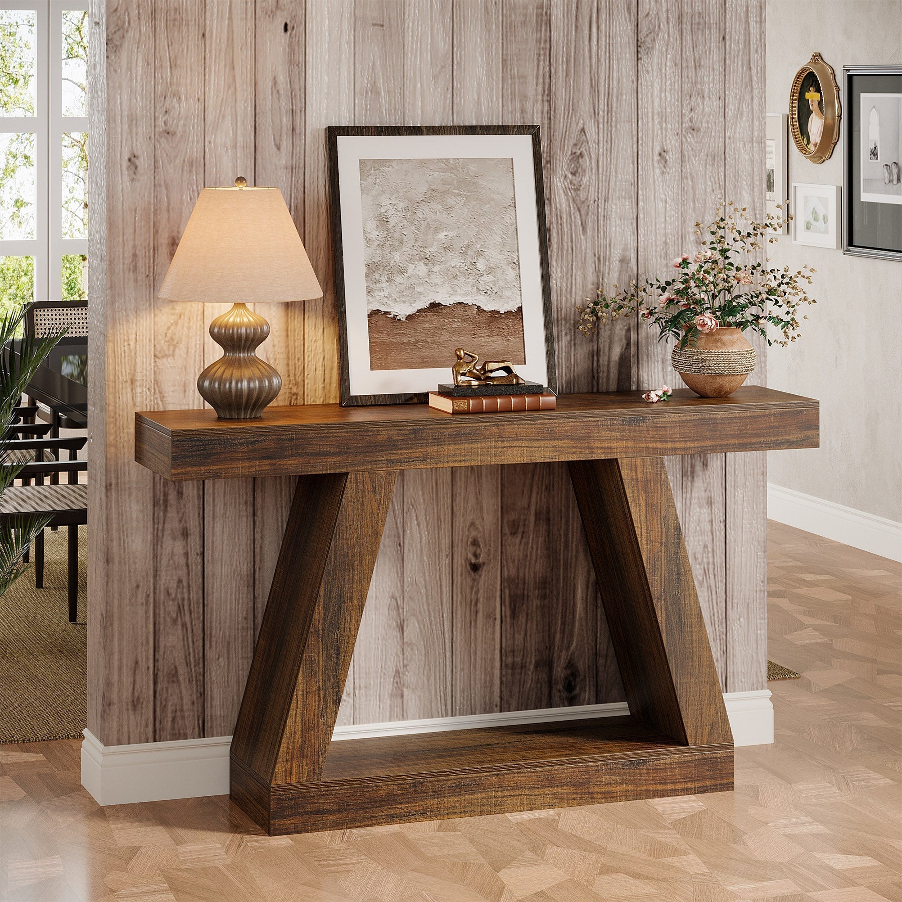 Stolik konsolowy 140 cm w stylu farmhouse – stolik za sofę z miejscem do przechowywania do przedpokoju i salonu