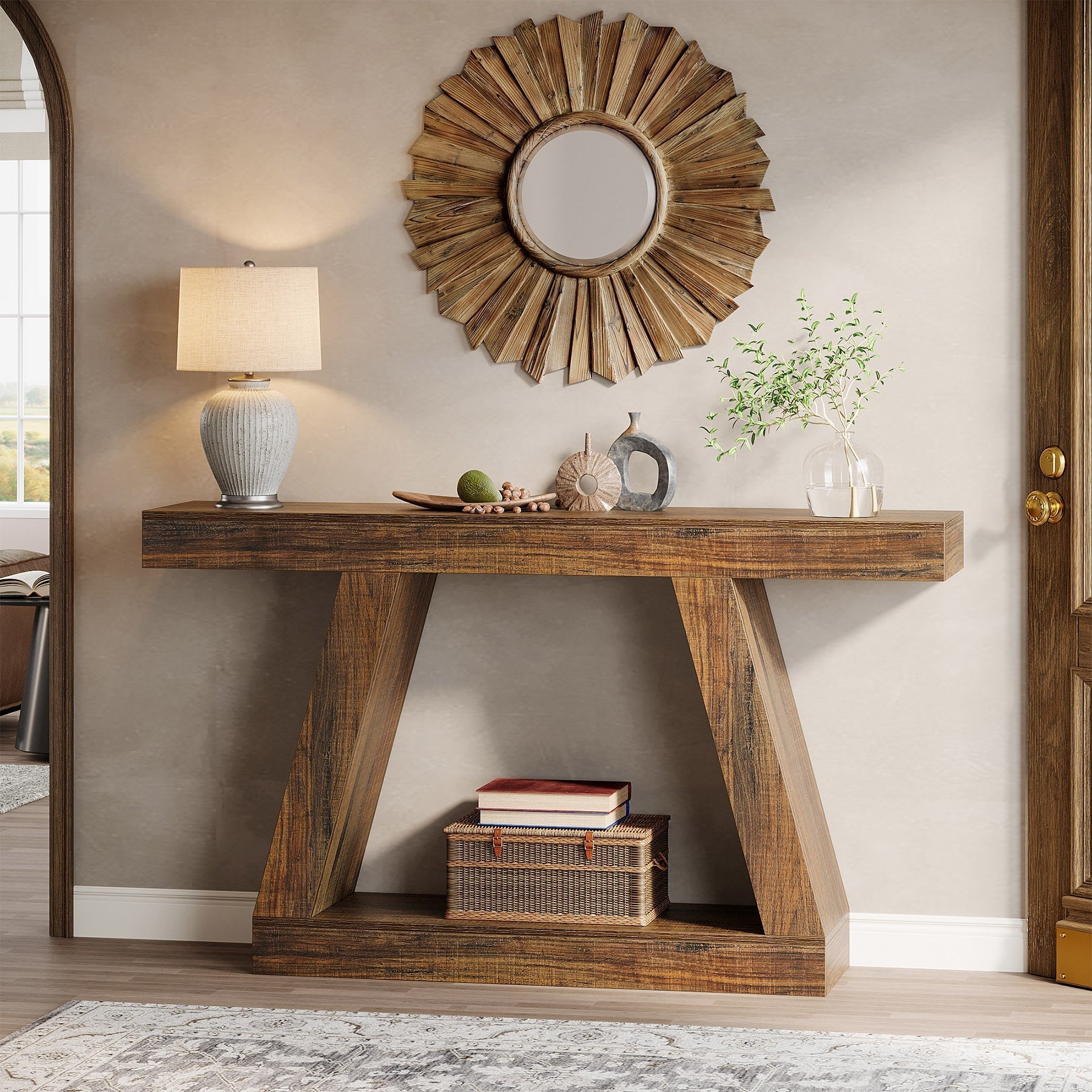Stolik konsolowy 140 cm w stylu farmhouse – stolik za sofę z miejscem do przechowywania do przedpokoju i salonu