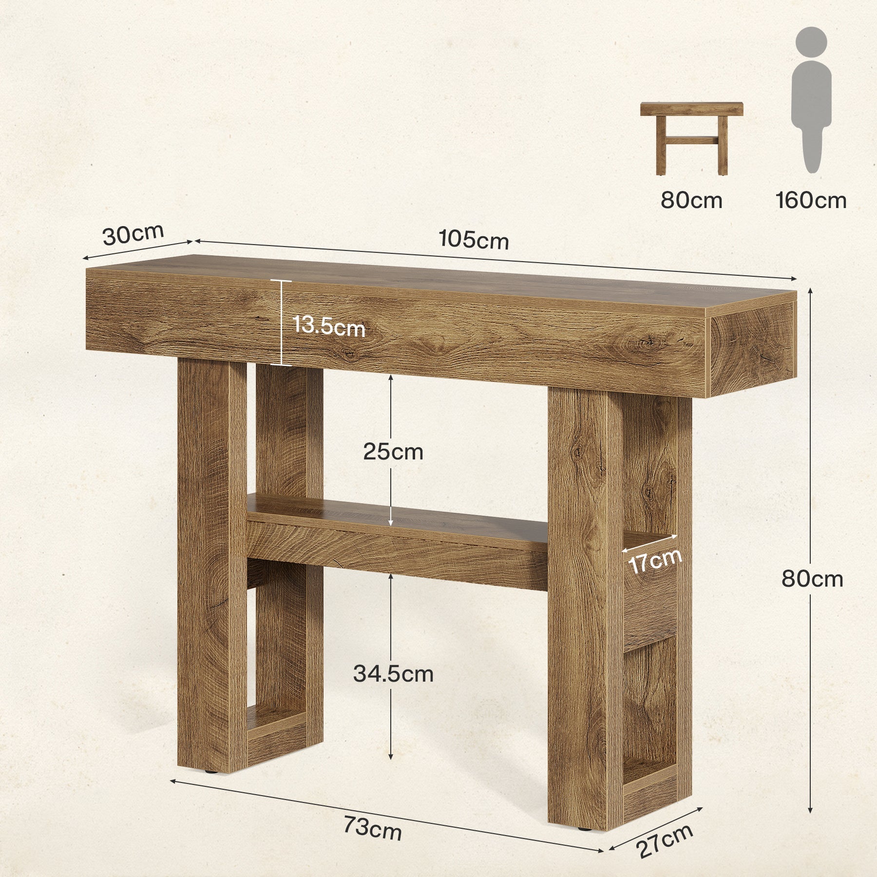 Stolik konsolowy 105 cm w stylu farmhouse – 2-poziomowy stolik za sofę do przedpokoju i salonu