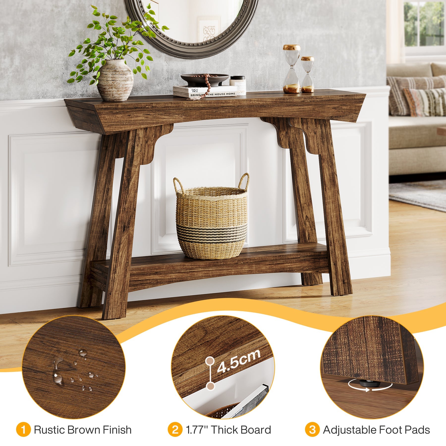 Stolik konsolowy 105 cm w stylu farmhouse z półką – 2-poziomowy, do przedpokoju i salonu