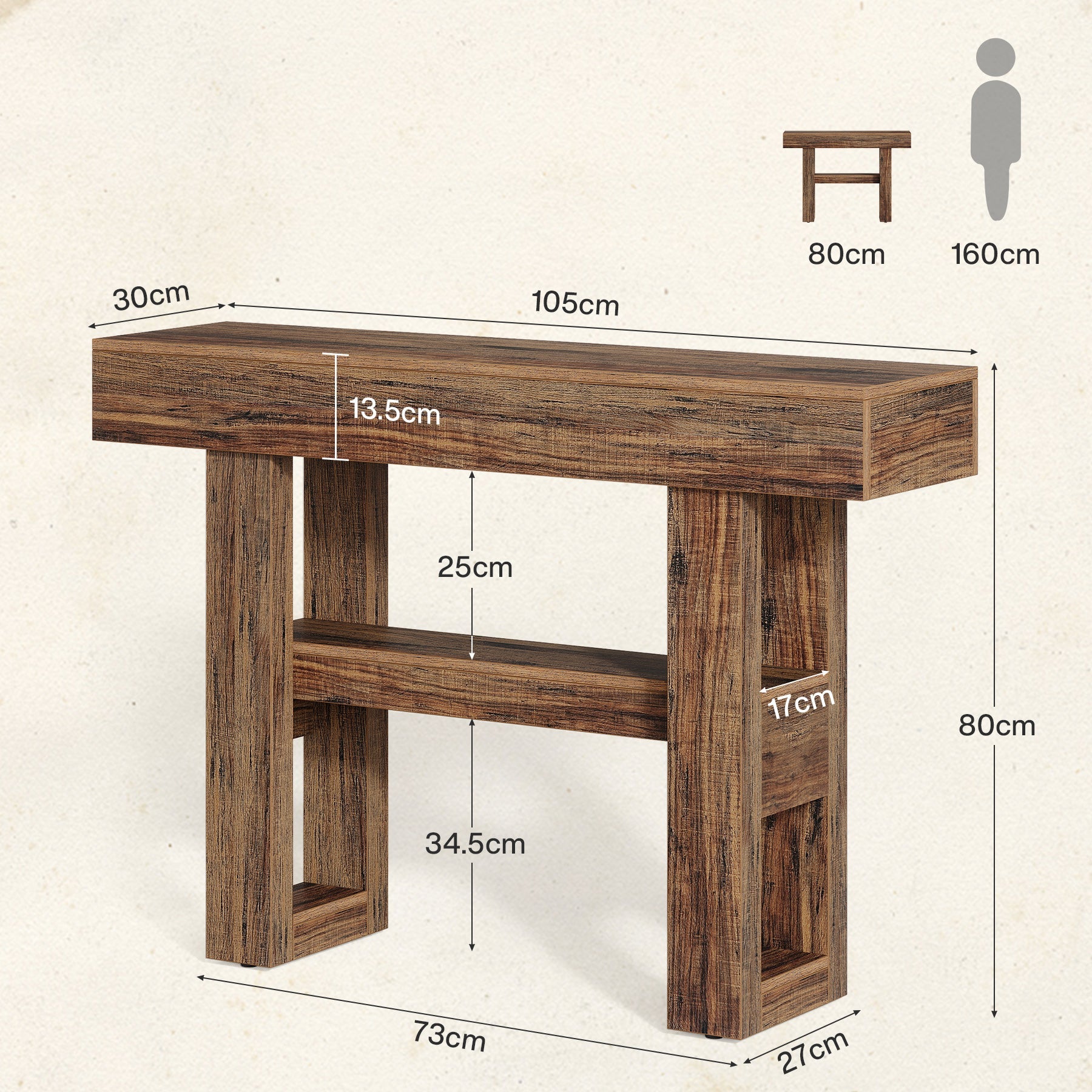 Stolik konsolowy 105 cm w stylu farmhouse – 2-poziomowy stolik za sofę do przedpokoju i salonu
