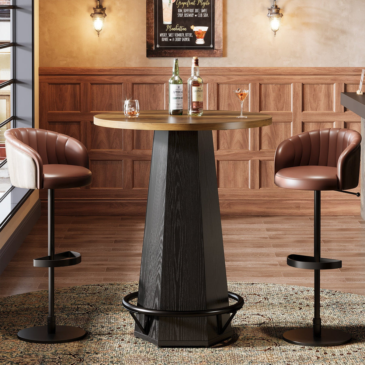 Okrągły stolik barowy, wysokość 100 cm – stolik bistro/pub z metalowym podnóżkiem