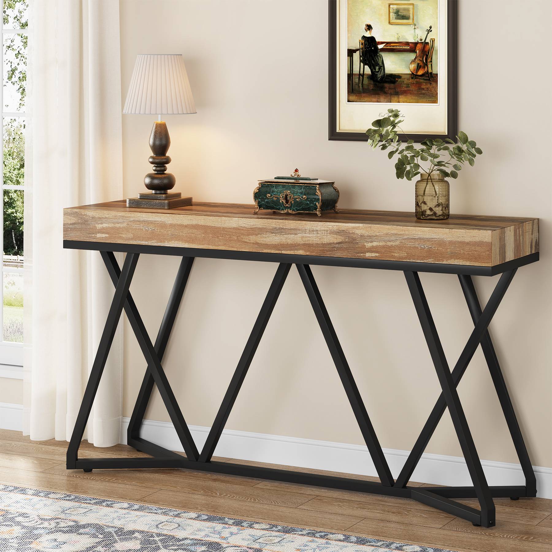 Stolik konsolowy 140 cm – stolik w stylu farmhouse do przedpokoju i salonu z unikalną metalową podstawą