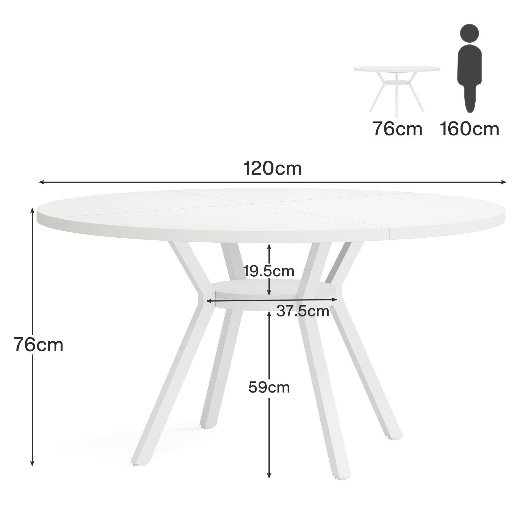 Okrągły stół jadalny 120 cm – stół kuchenny z półką do przechowywania i metalowymi nogami dla 4 osób