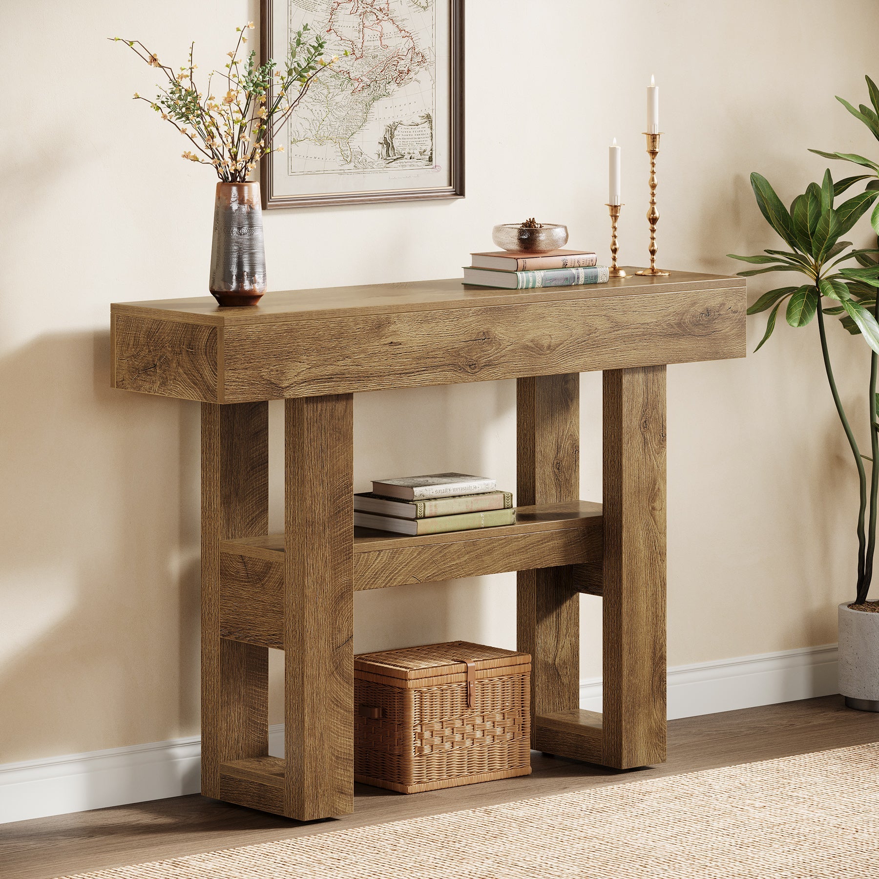 Stolik konsolowy 105 cm w stylu farmhouse – 2-poziomowy stolik za sofę do przedpokoju i salonu