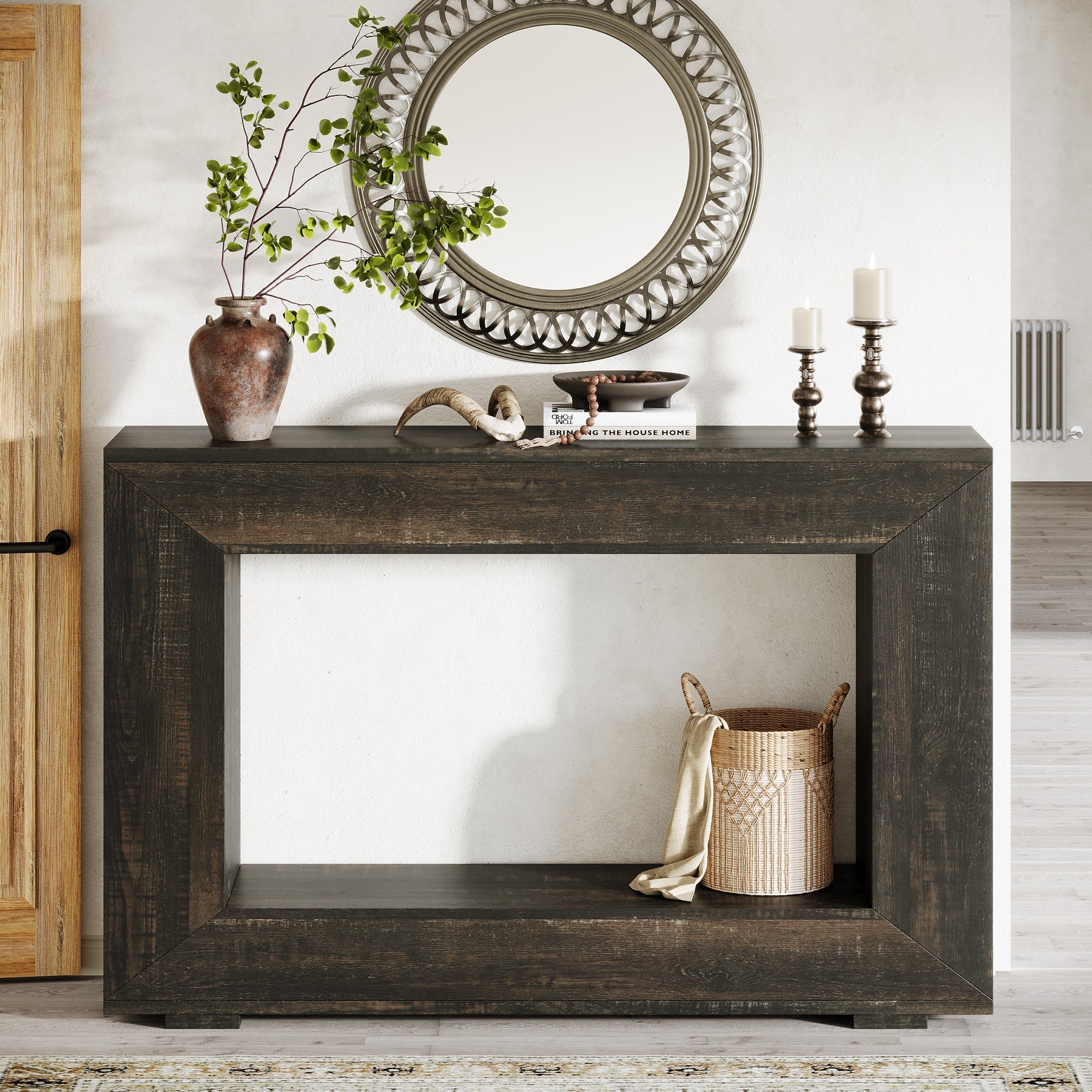 Stolik konsolowy 120 cm w stylu farmhouse – stolik do przedpokoju z miejscem do przechowywania