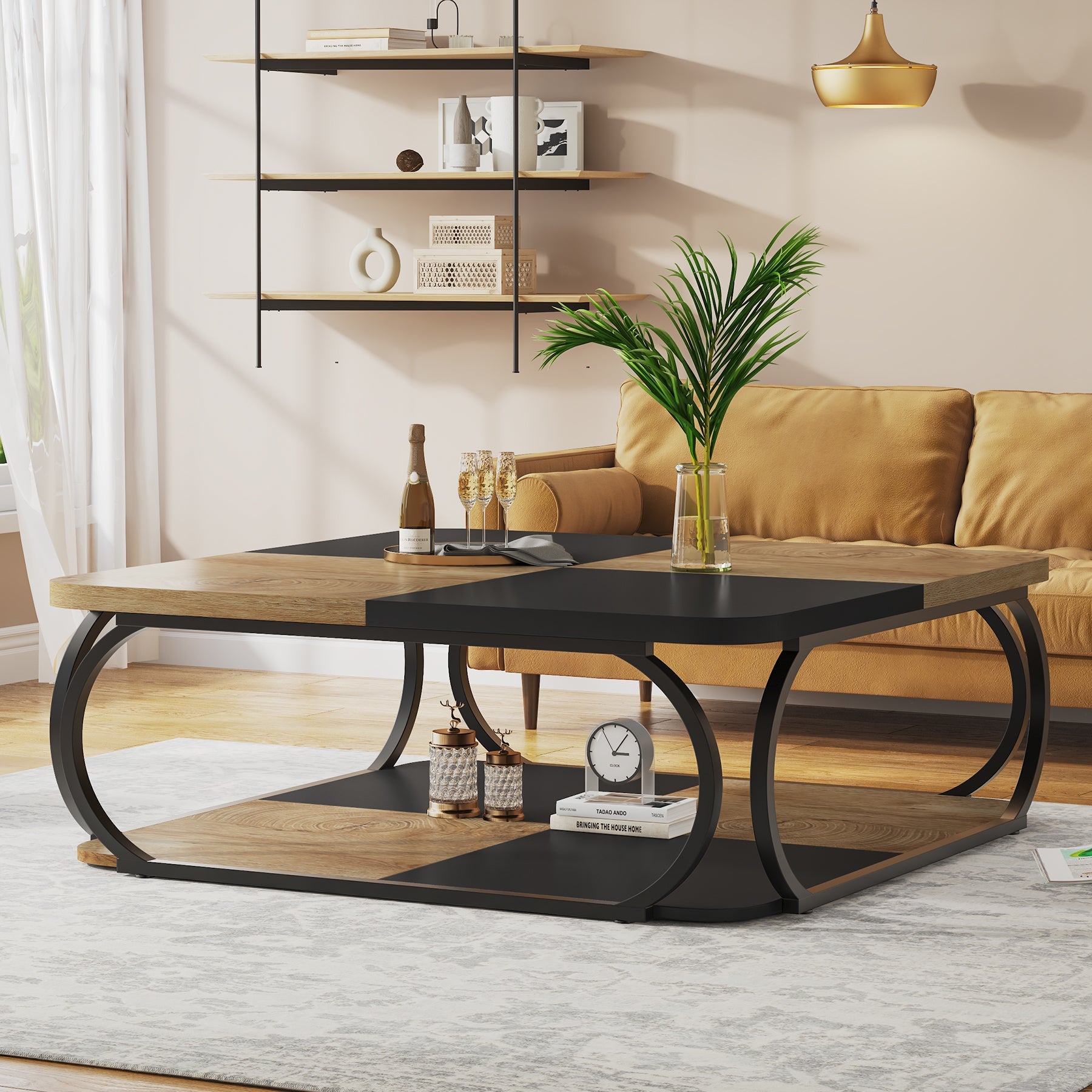 Kwadratowy stolik kawowy 100 x 100 x 50 cm – 2-poziomowy stolik centralny z półkami do salonu