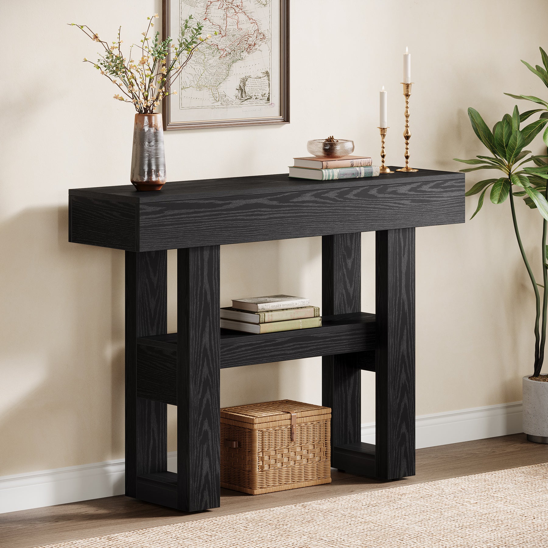 Stolik konsolowy 105 cm w stylu farmhouse – 2-poziomowy stolik za sofę do przedpokoju i salonu
