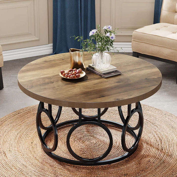 Okrągły stolik kawowy 80 x 80 x 45 cm – stolik centralny z metalową podstawą do salonu