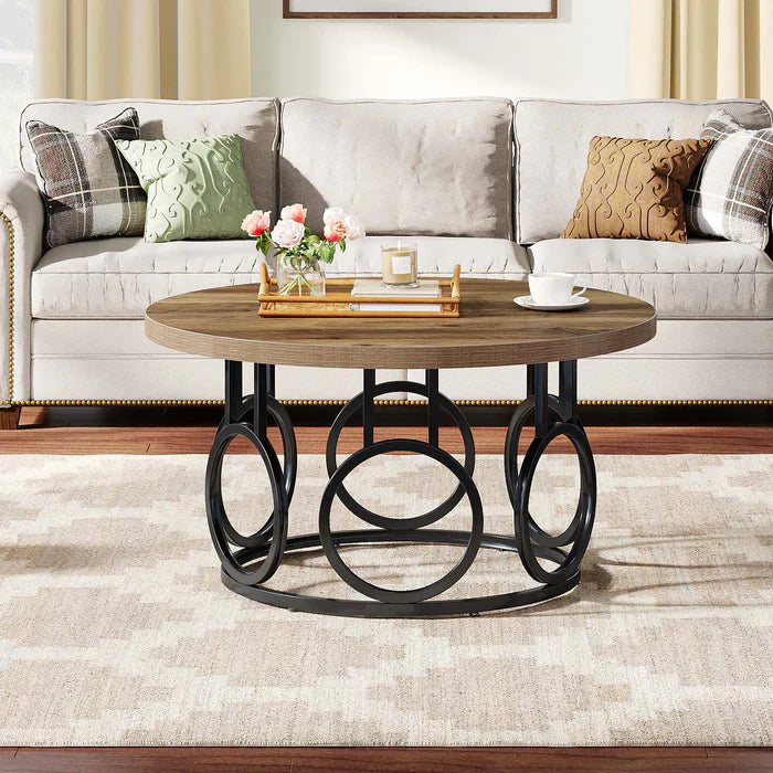 Okrągły stolik kawowy 80 x 80 x 45 cm – stolik centralny z metalową podstawą do salonu