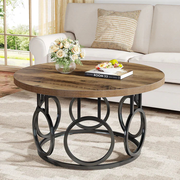 Okrągły stolik kawowy 80 x 80 x 45 cm – stolik centralny z metalową podstawą do salonu