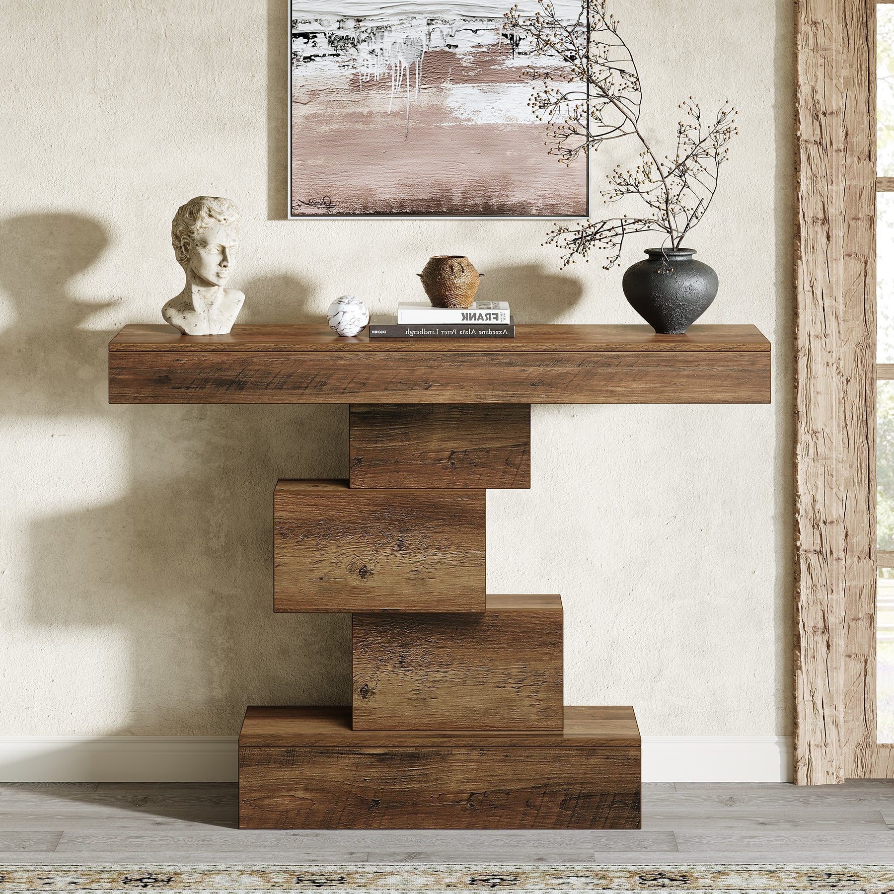 Stolik konsolowy 108 cm – ozdobny stolik za sofę z geometryczną podstawą do przedpokoju