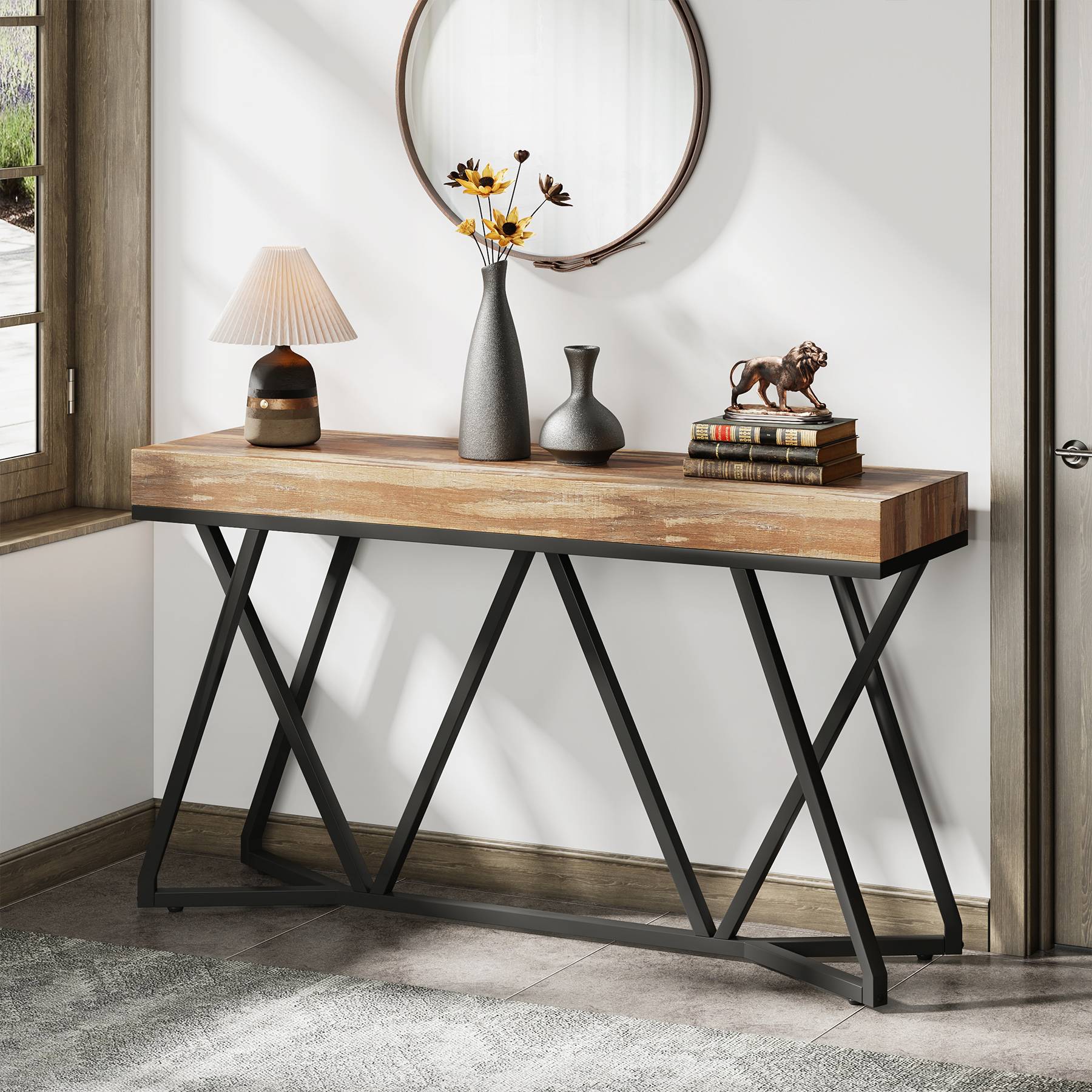Stolik konsolowy 140 cm – stolik w stylu farmhouse do przedpokoju i salonu z unikalną metalową podstawą
