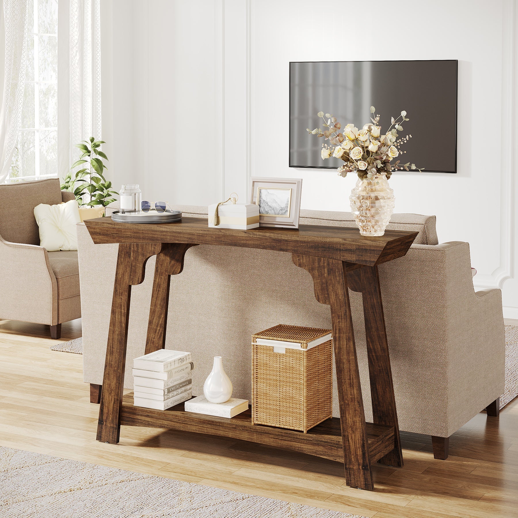 Stolik konsolowy 105 cm w stylu farmhouse z półką – 2-poziomowy, do przedpokoju i salonu