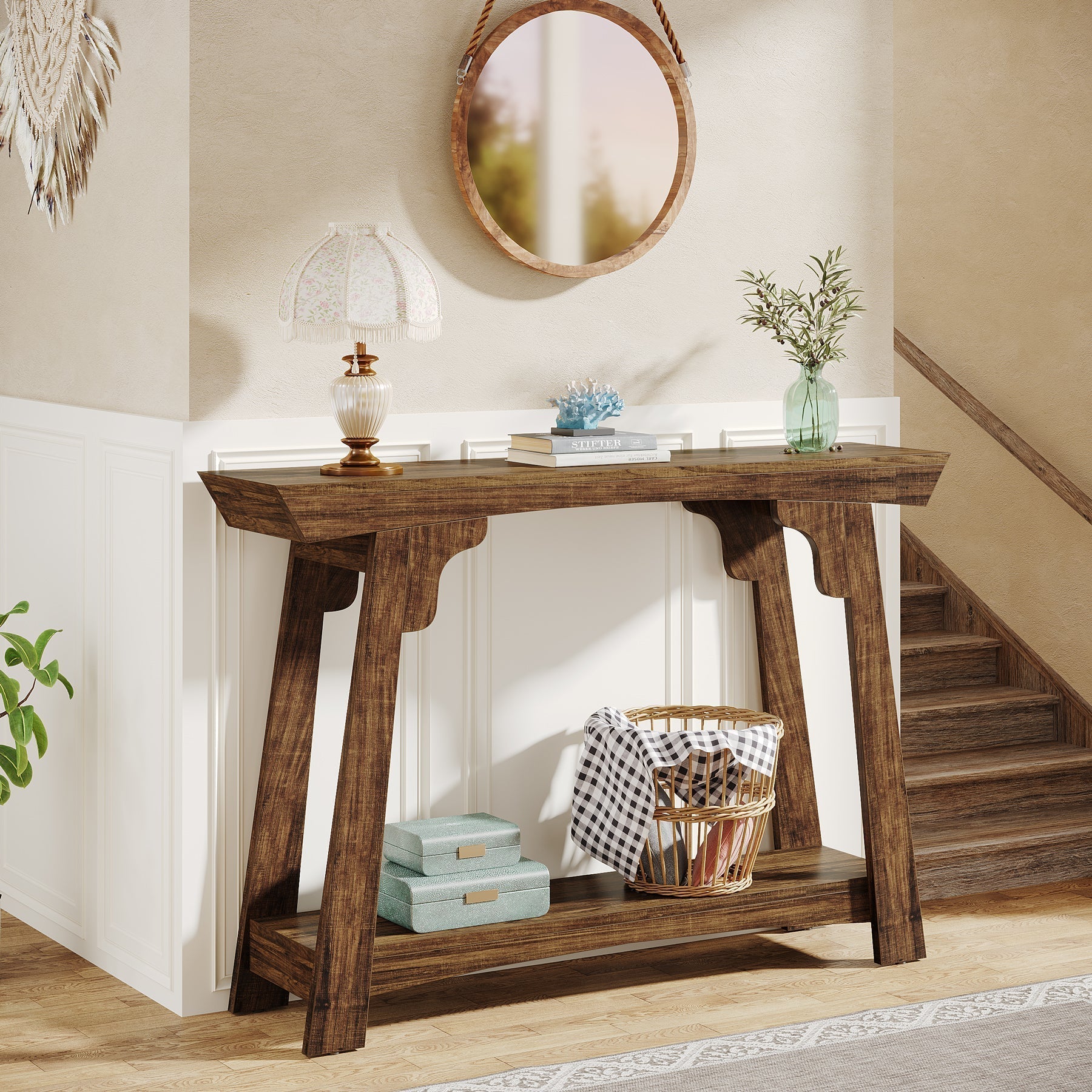 Stolik konsolowy 105 cm w stylu farmhouse z półką – 2-poziomowy, do przedpokoju i salonu