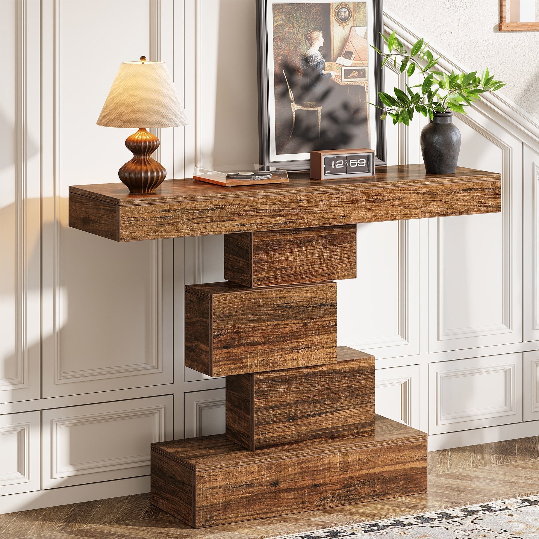 Stolik konsolowy 108 cm – ozdobny stolik za sofę z geometryczną podstawą do przedpokoju