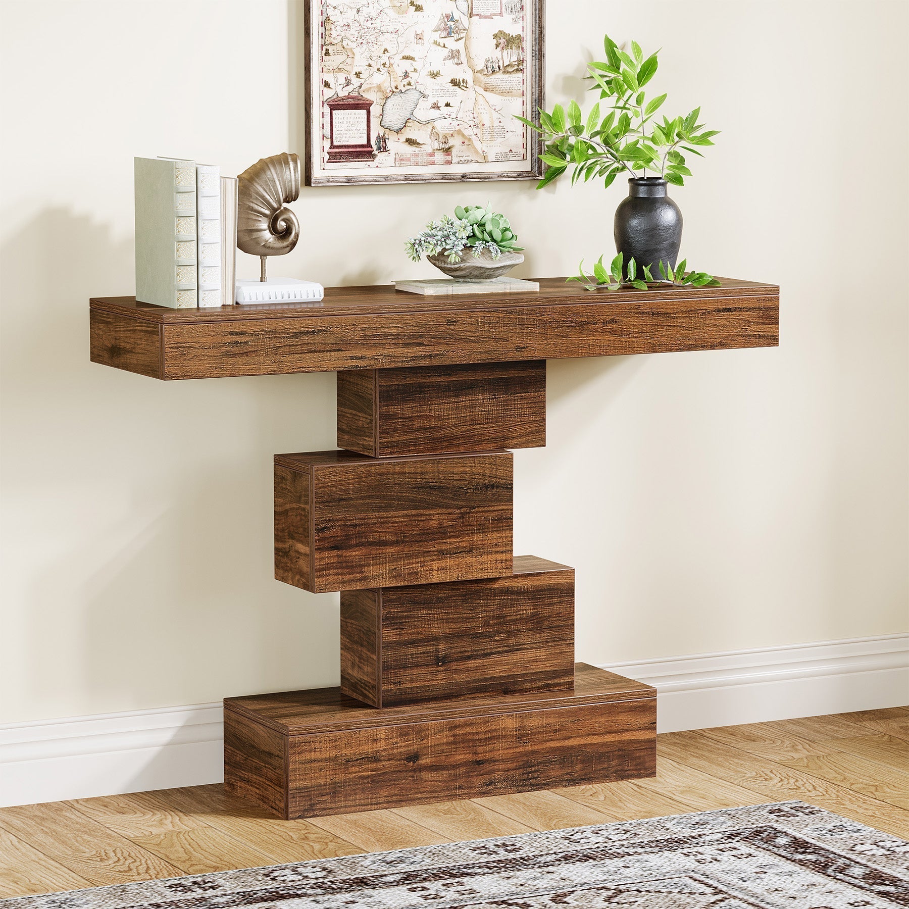 Stolik konsolowy 108 cm – ozdobny stolik za sofę z geometryczną podstawą do przedpokoju